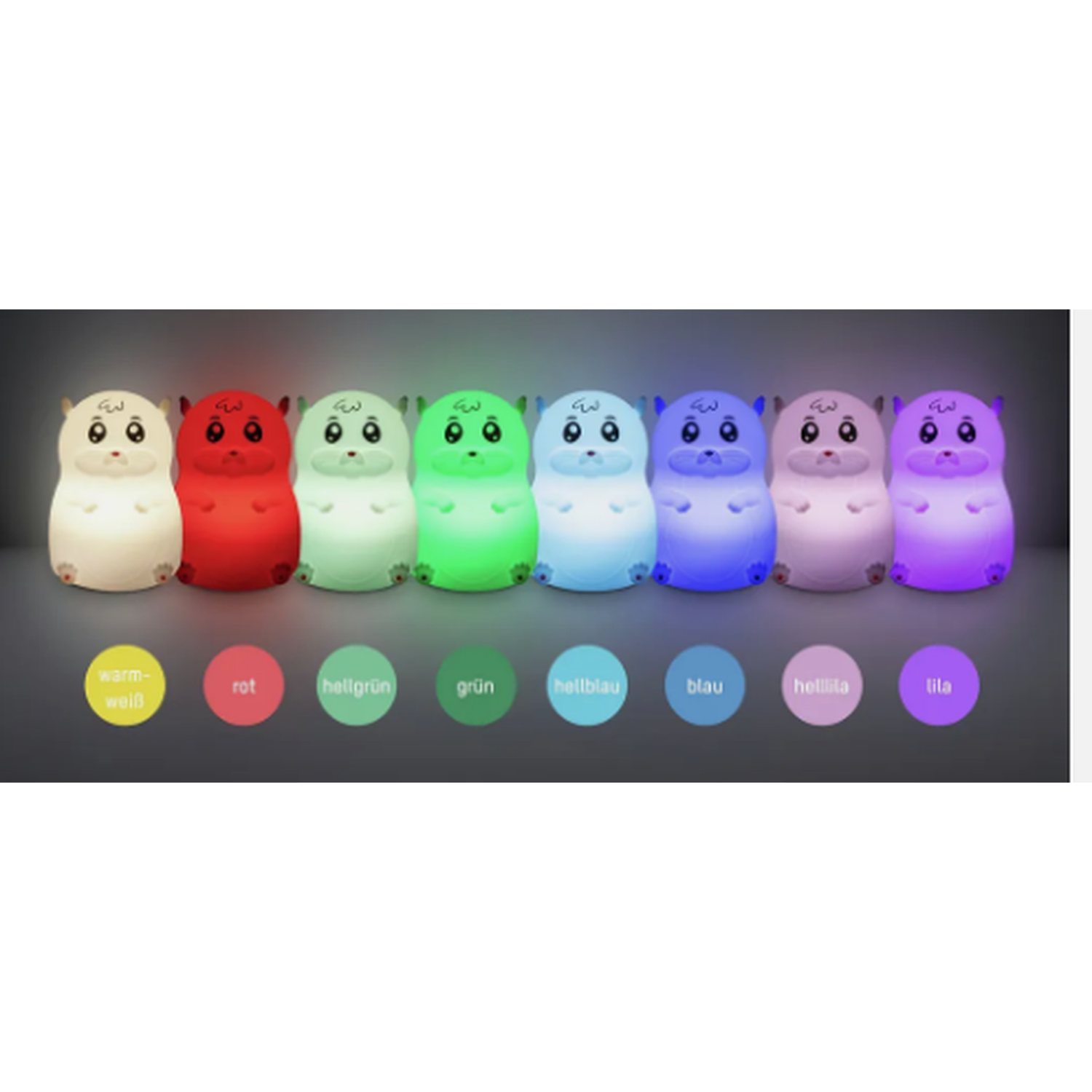 Seven hamster-shaped lamps in different colors: white, red, light green, green, light blue, blue, pink, and purple.