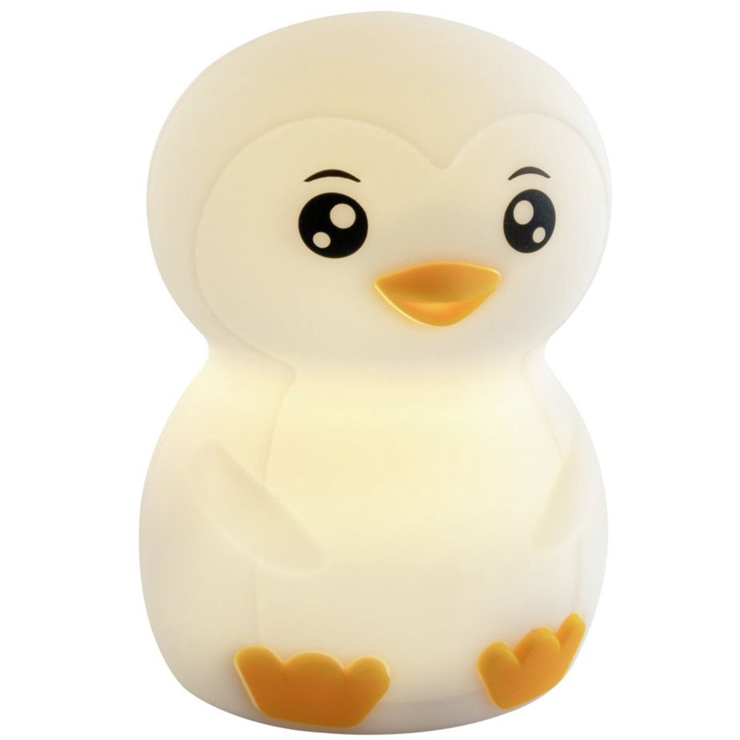 A white penguin-shaped night light with a yellow beak and feet. It has black eyes and a soft glow.