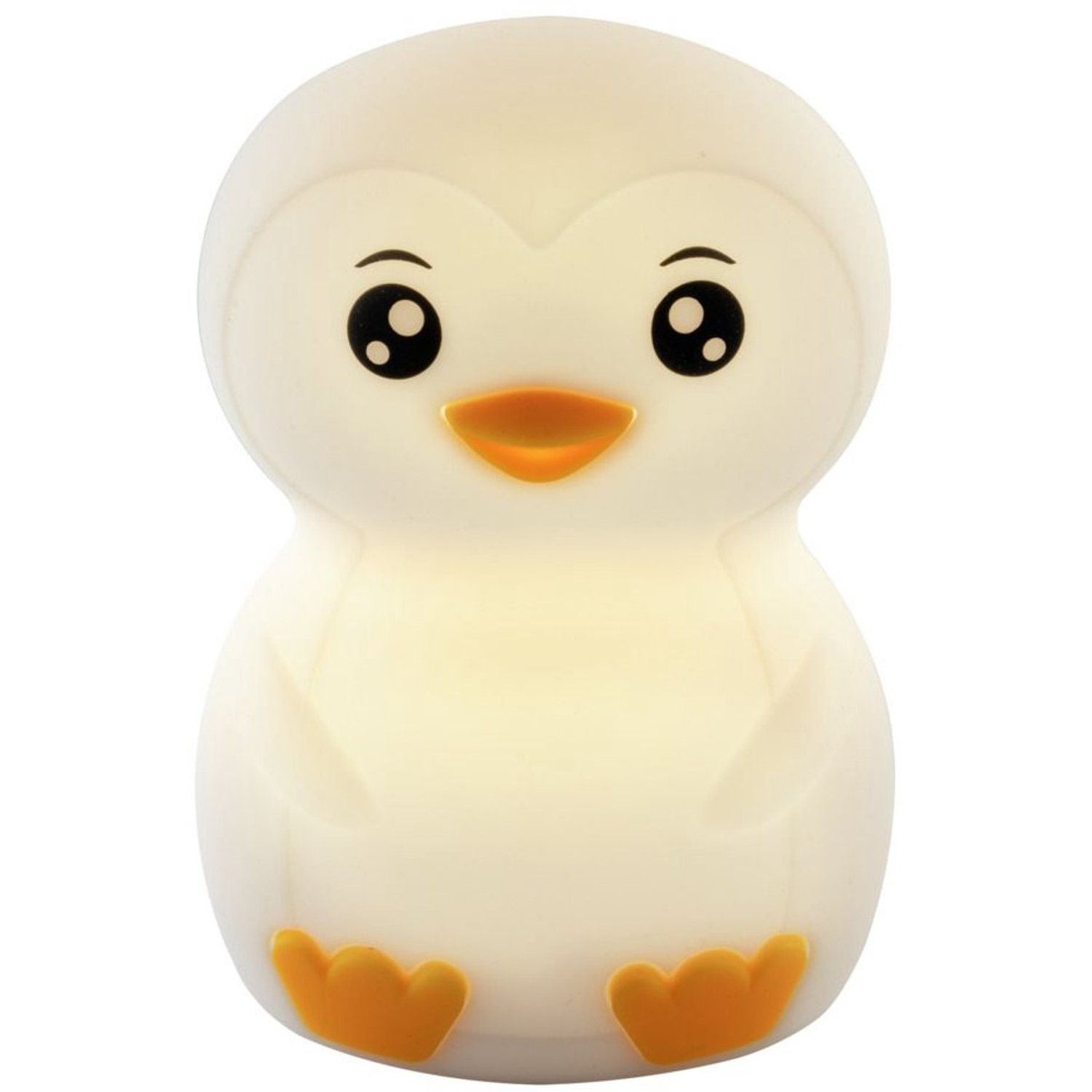 A white penguin-shaped night light with black eyes, orange beak and feet, on a white background.