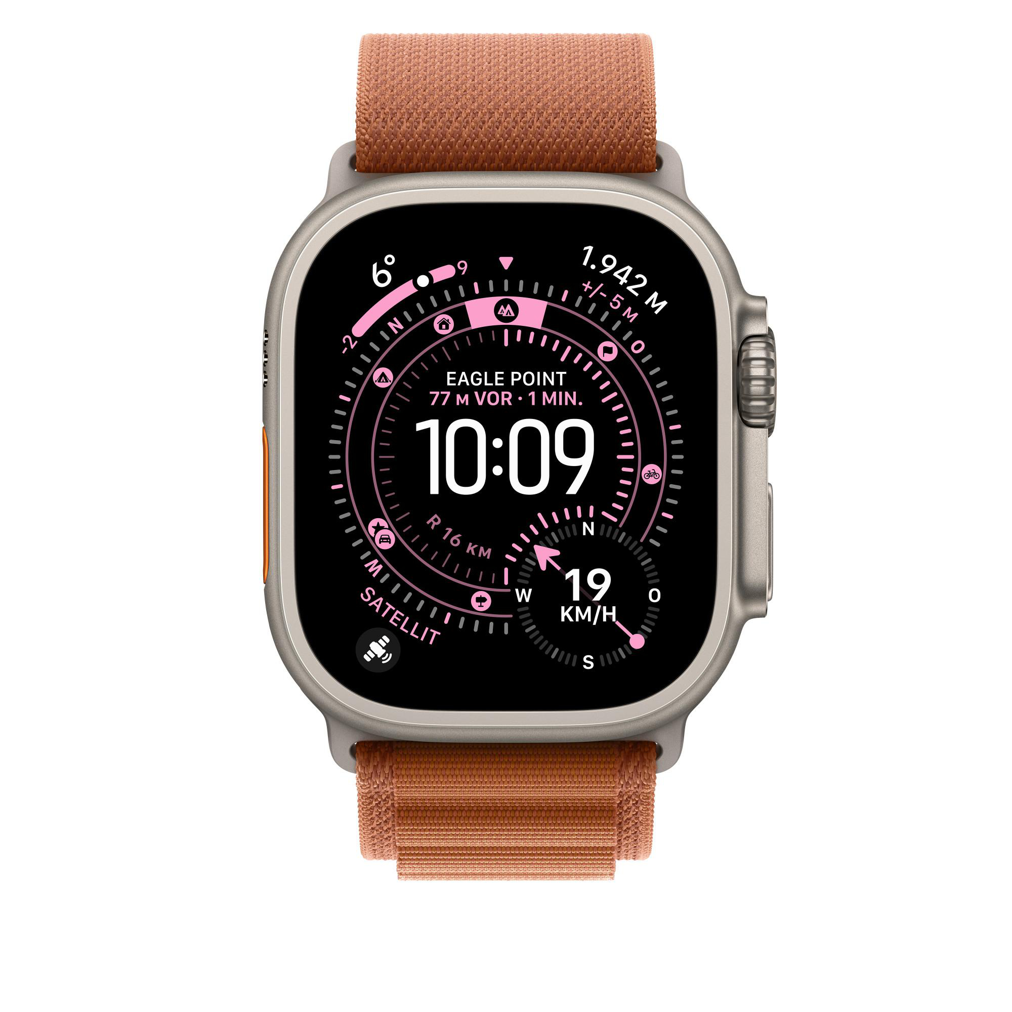 Apple Watch Ultra auf weißem Hintergrund. Es zeigt Zeit, Höhe und Geschwindigkeit. Das Armband ist orange.