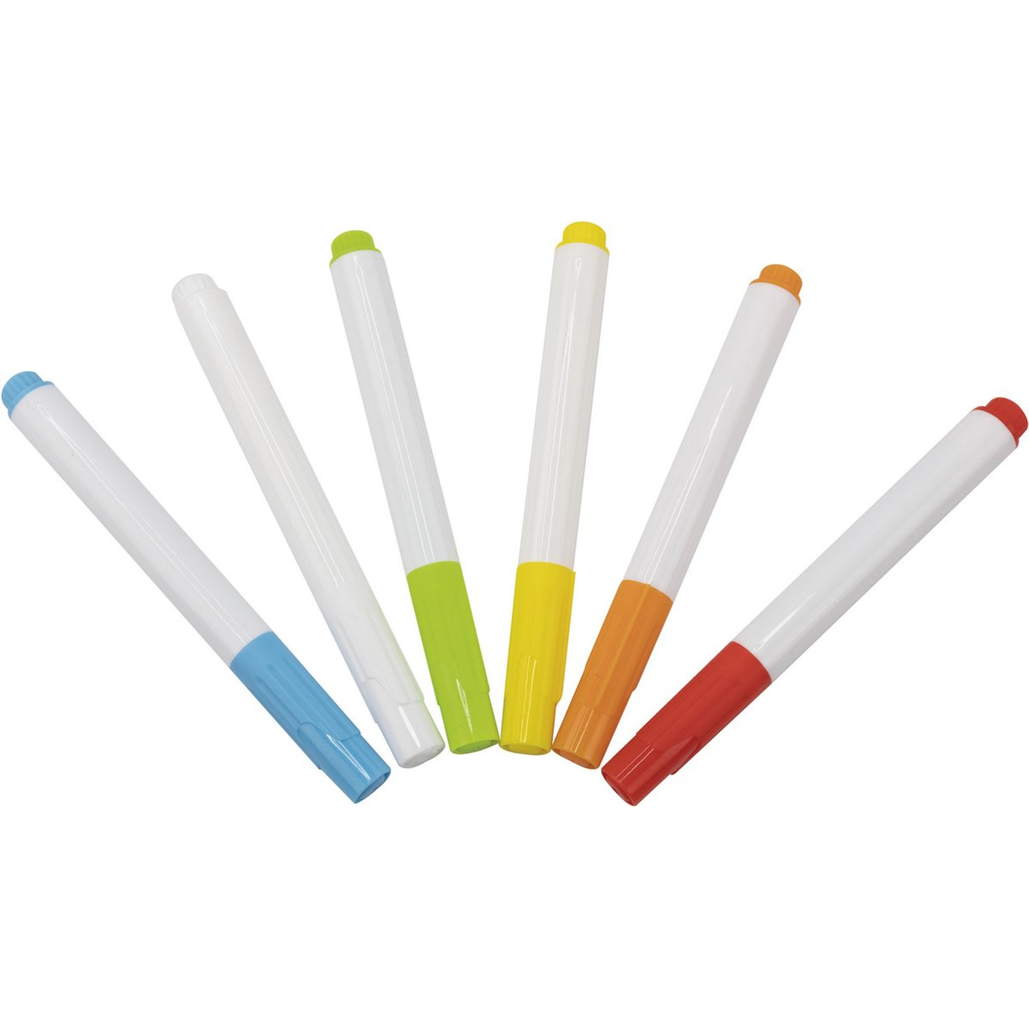 Zes witte stiften met gekleurde doppen en punten zijn in een waaier op een witte achtergrond gerangschikt. Kleuren zijn blauw, groen, geel, oranje en rood.