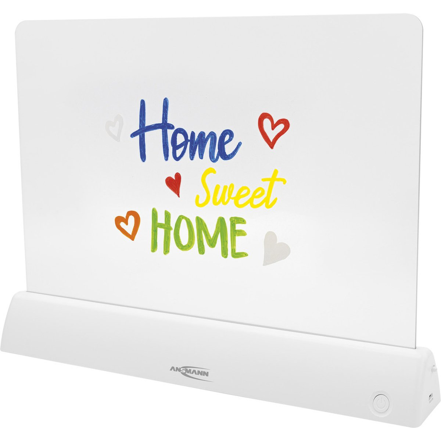 Een wit LED-berichtbord met "Home Sweet Home" erop geschreven. Het bord staat op een witte basis met het merk ANSMANN.