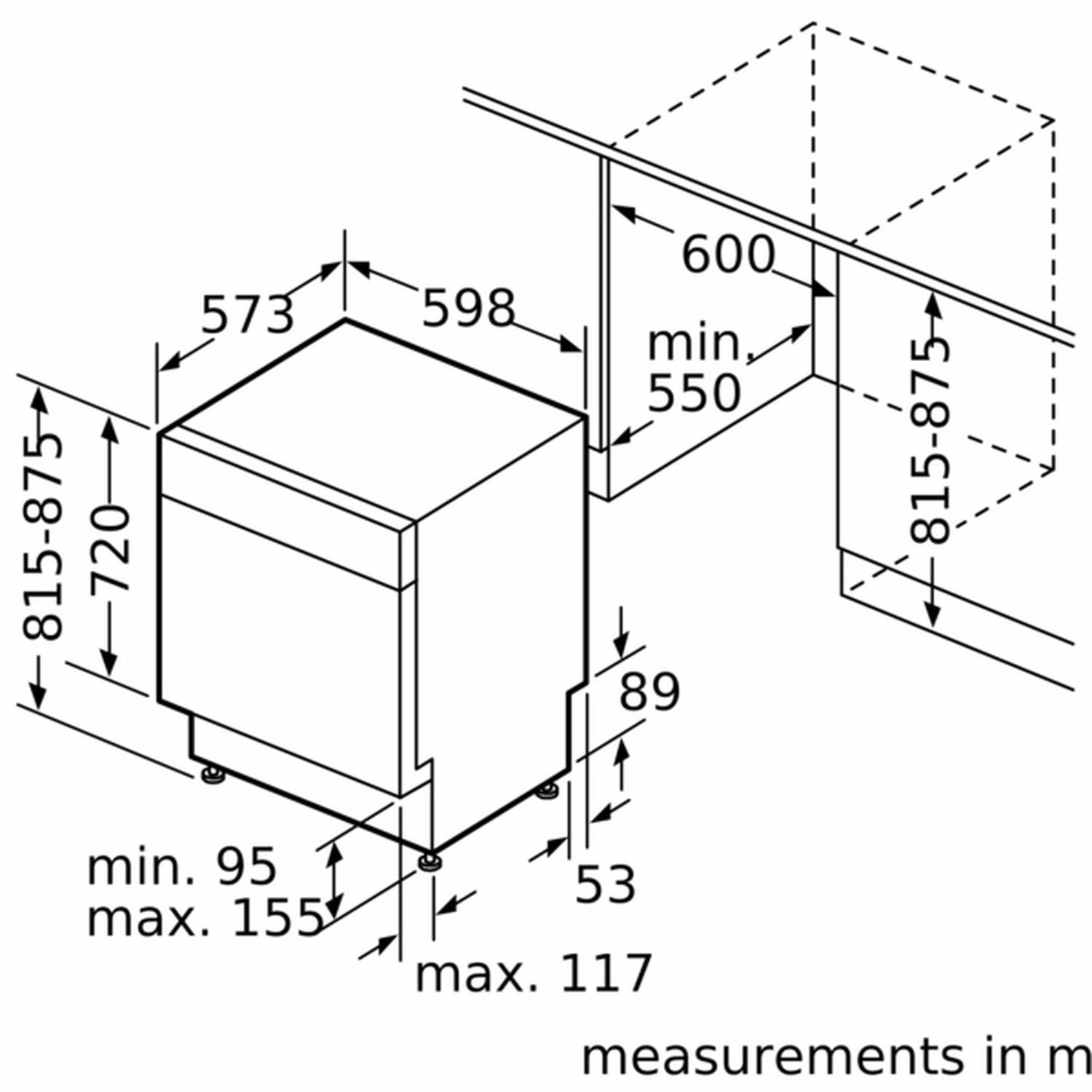 Diagram van een vaatwasser met afmetingen in mm. Toont afmetingen voor hoogte, breedte, diepte en installatie.