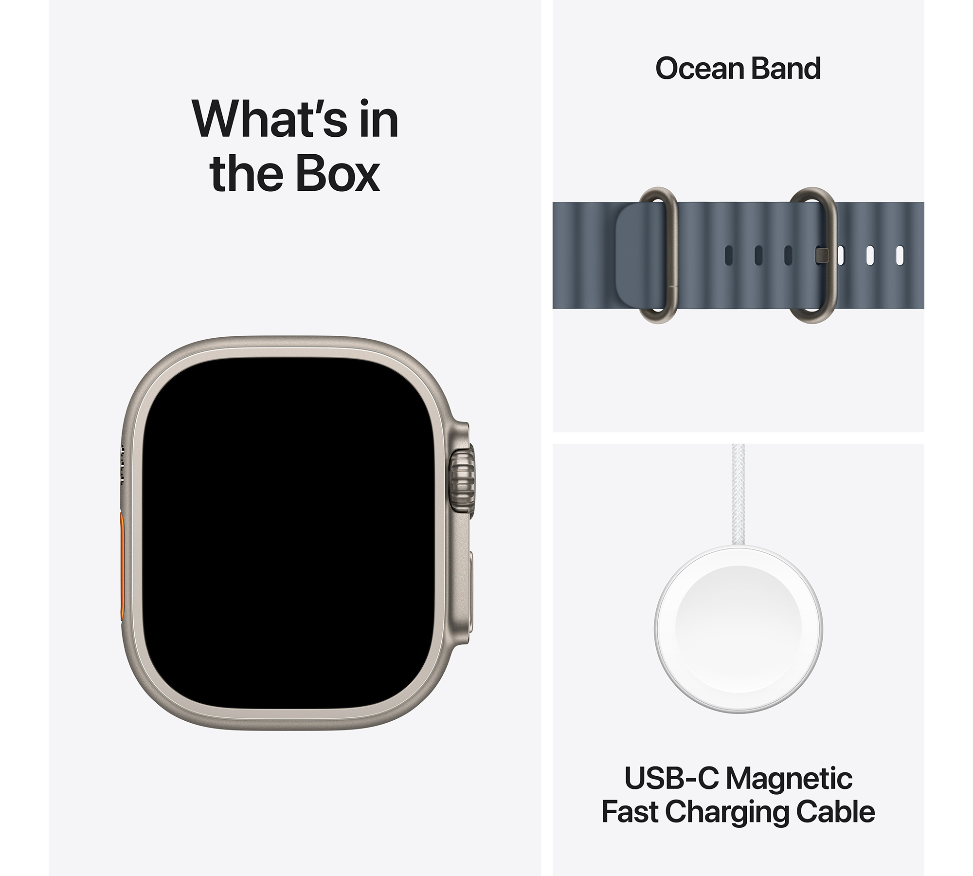 A képen az Apple Watch Ultra, Ocean Band és USB-C mágneses gyorstöltő kábel látható, fehér háttérrel.