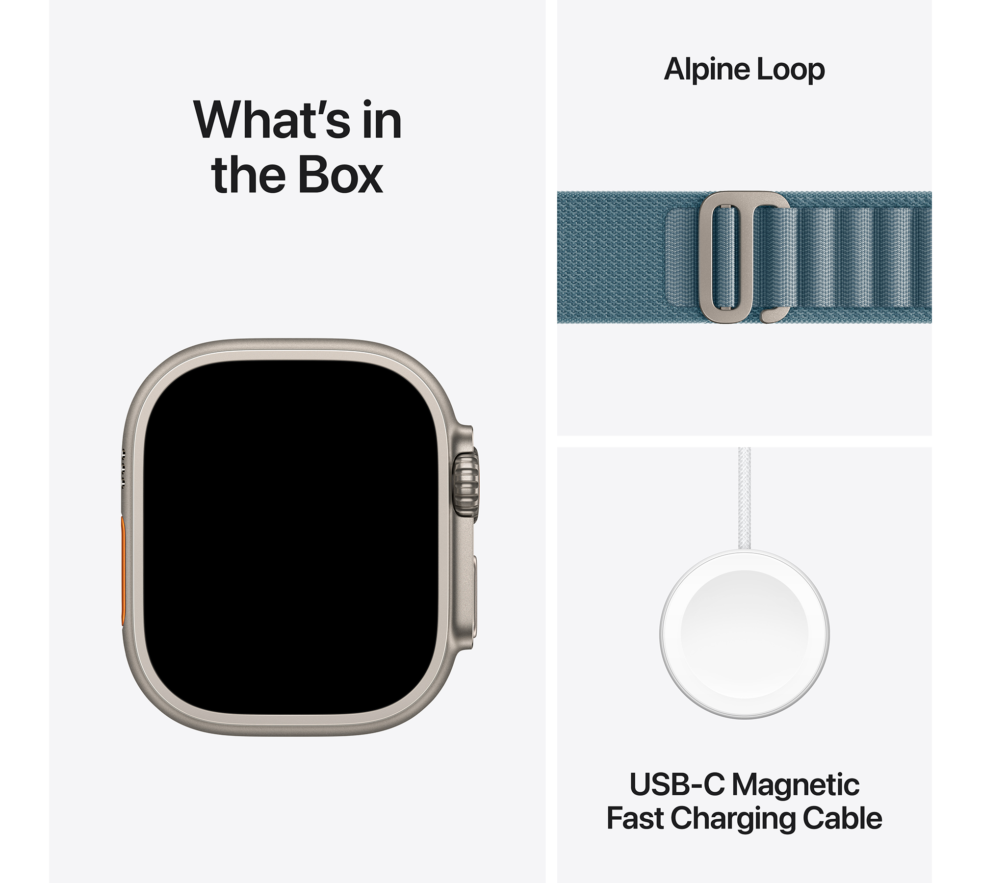 A képen az Apple Watch Ultra, az Alpine Loop szíj és az USB-C mágneses gyorstöltő kábel látható.