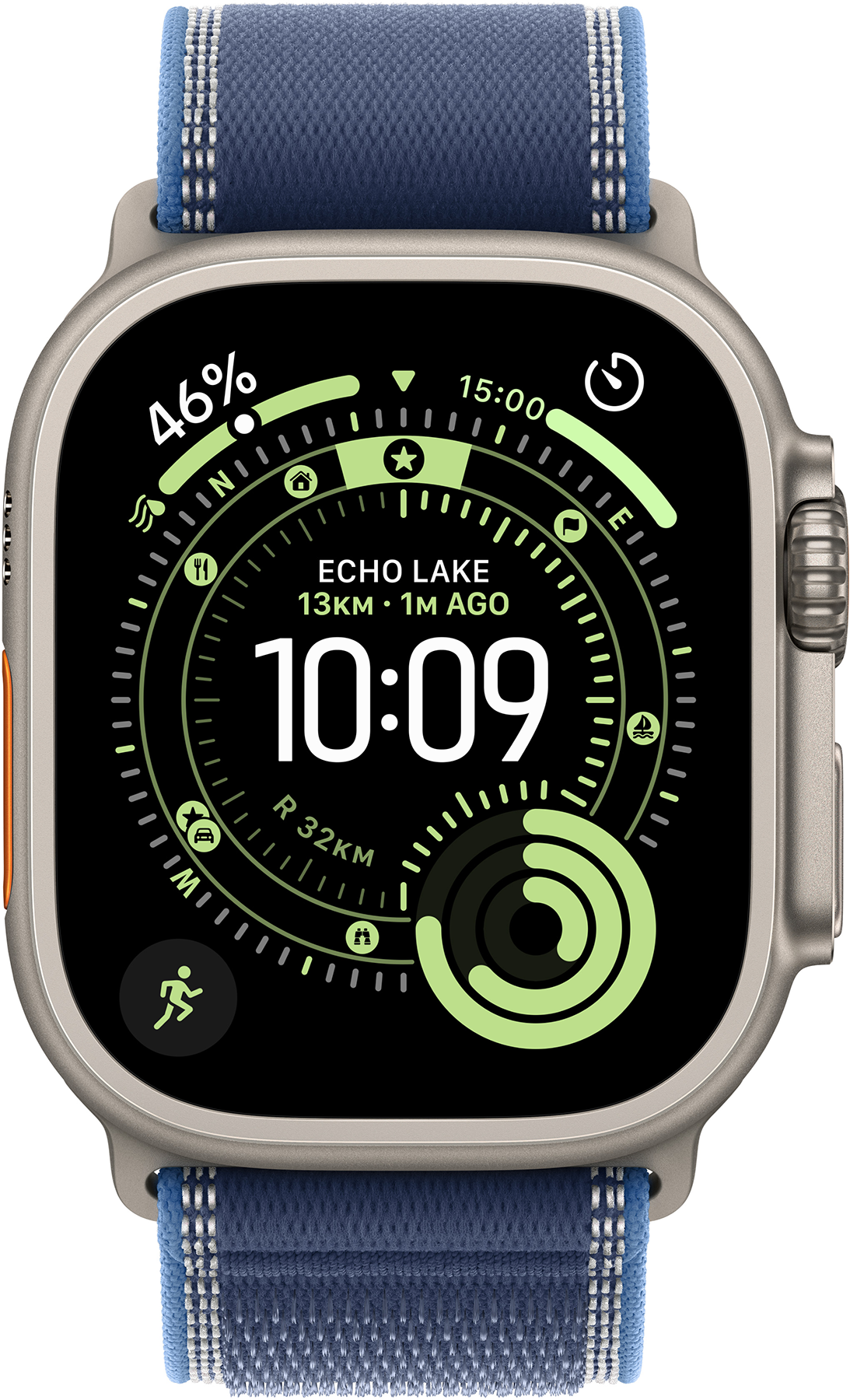 Az Apple Watch Ultra 10:09-et mutat, 46%-os akkumulátorral. Kék szíjjal és zöld kör alakú elemekkel rendelkezik. A számlap adatok.