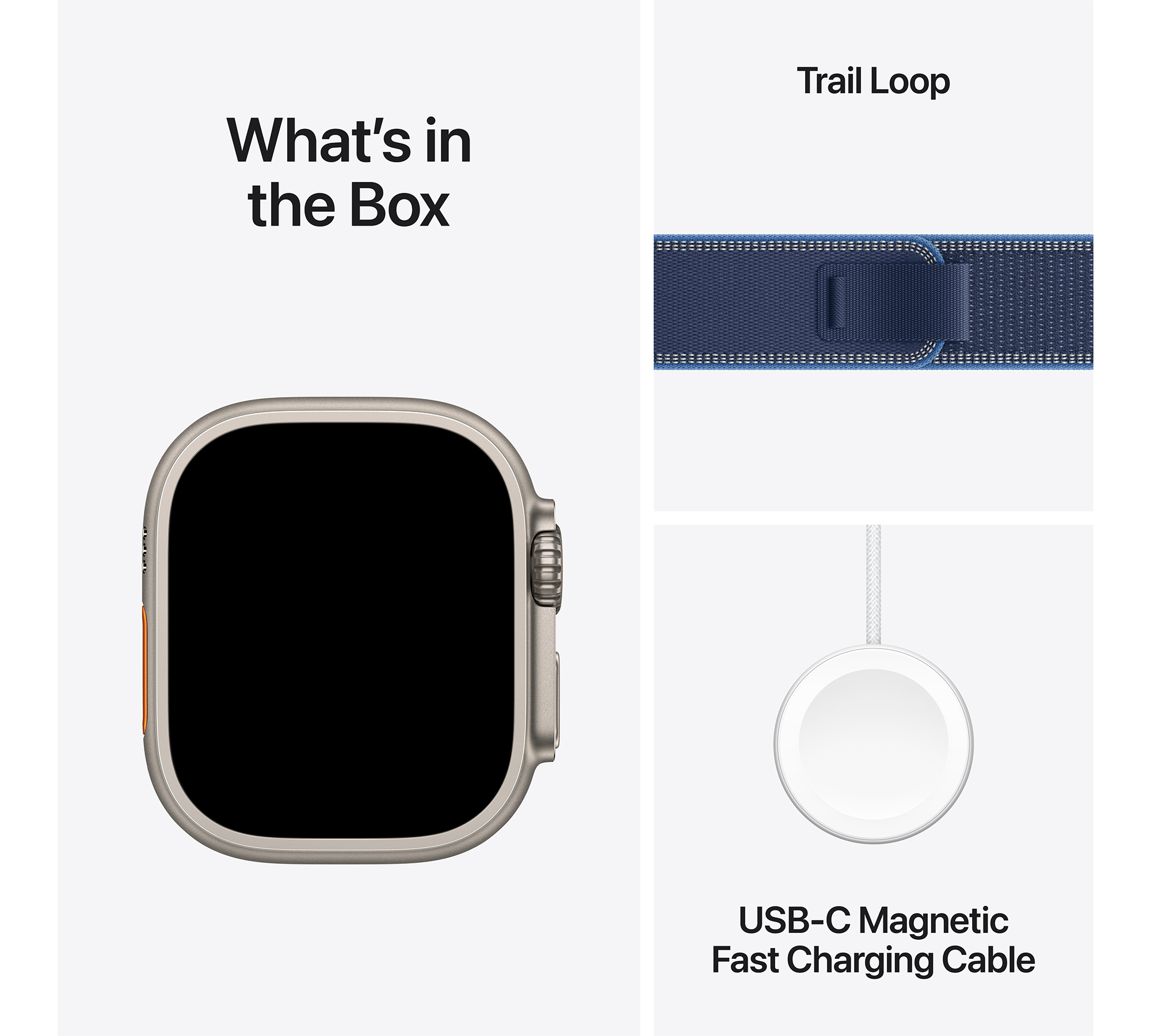 A képen egy Apple Watch, egy Trail Loop szíj és egy USB-C mágneses töltőkábel látható.