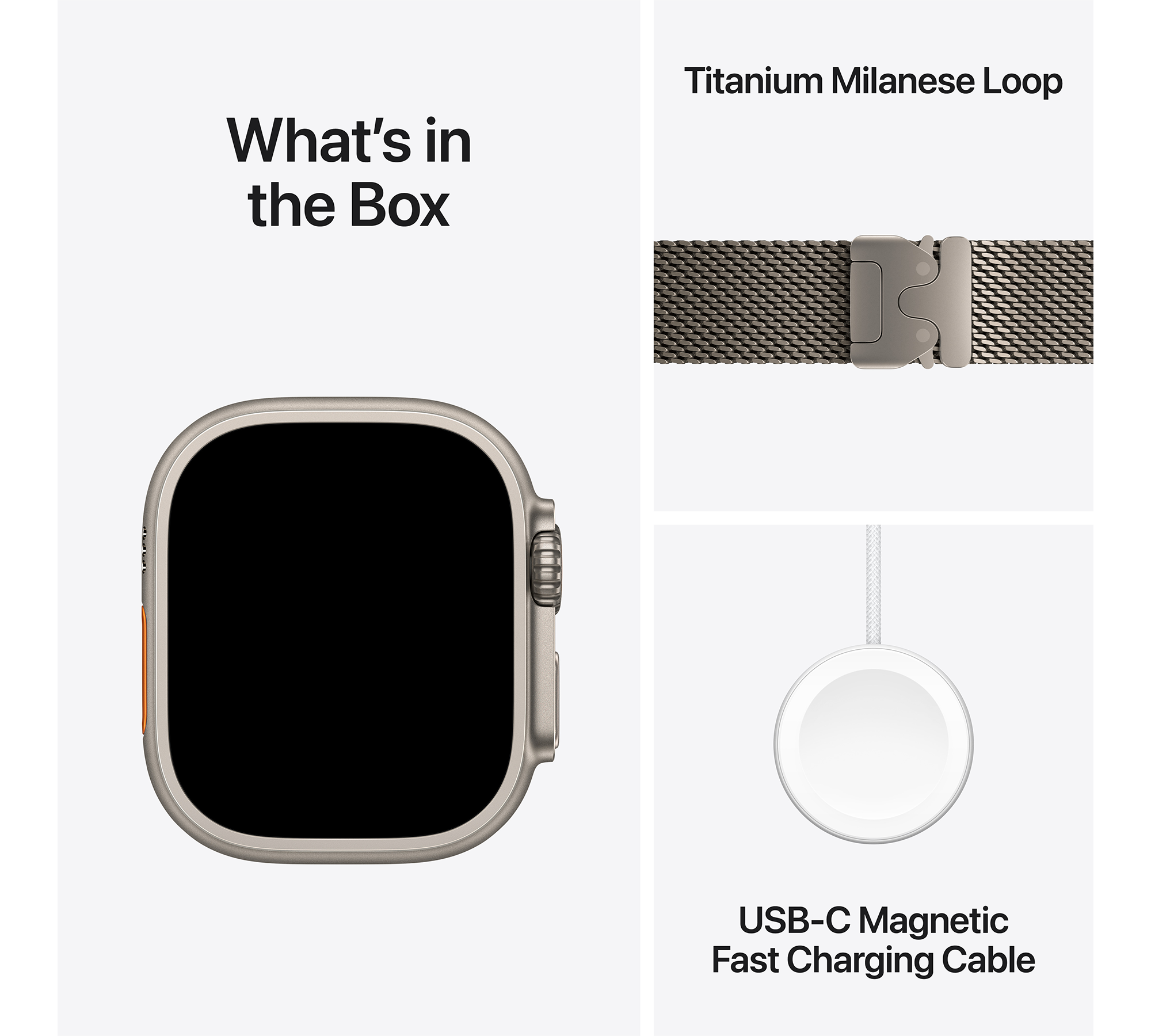 A kép az Apple Watch Ultrát, a Titanium Milanese Loop szíjat és az USB-C mágneses gyorstöltő kábelt mutatja.