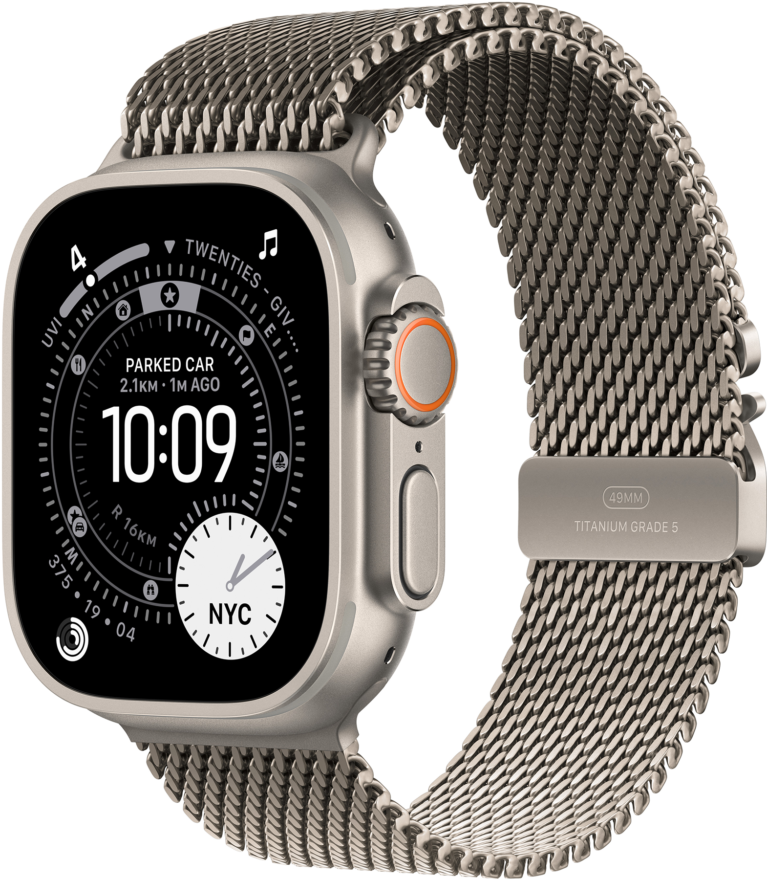 Ezüst Apple Watch Ultra hálós szíjjal. Az óralap időt, helyet és egyéb adatokat jelenít meg.