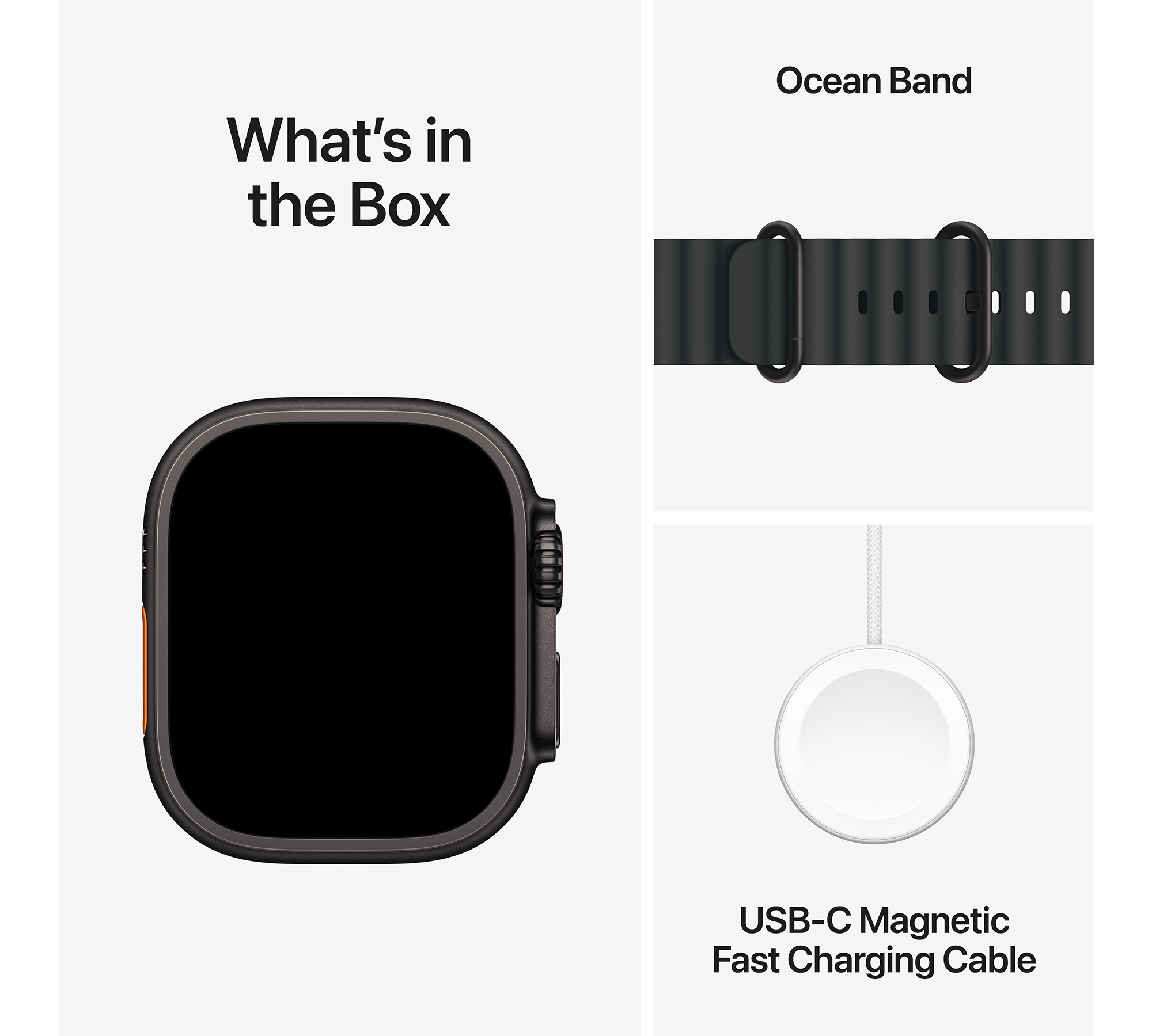 A képen egy Apple Watch, egy szíj és egy töltőkábel látható. A szöveg a következő: Mi van a dobozban?