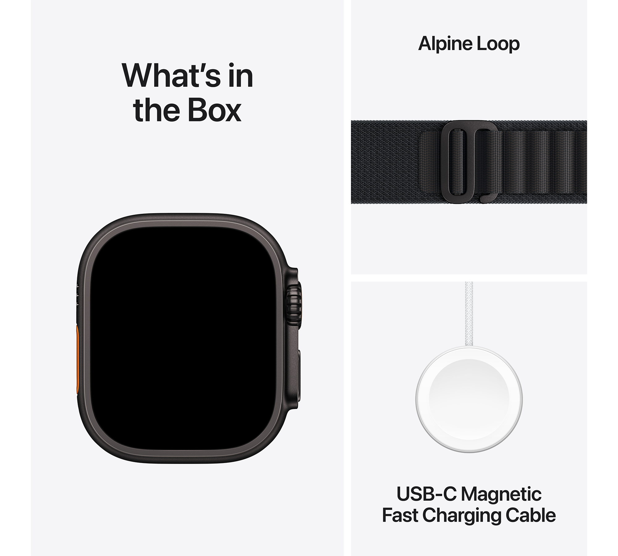 A képen egy Apple Watch, egy Alpine Loop szíj és egy töltőkábel látható. Szöveg: Mi van a dobozban?
