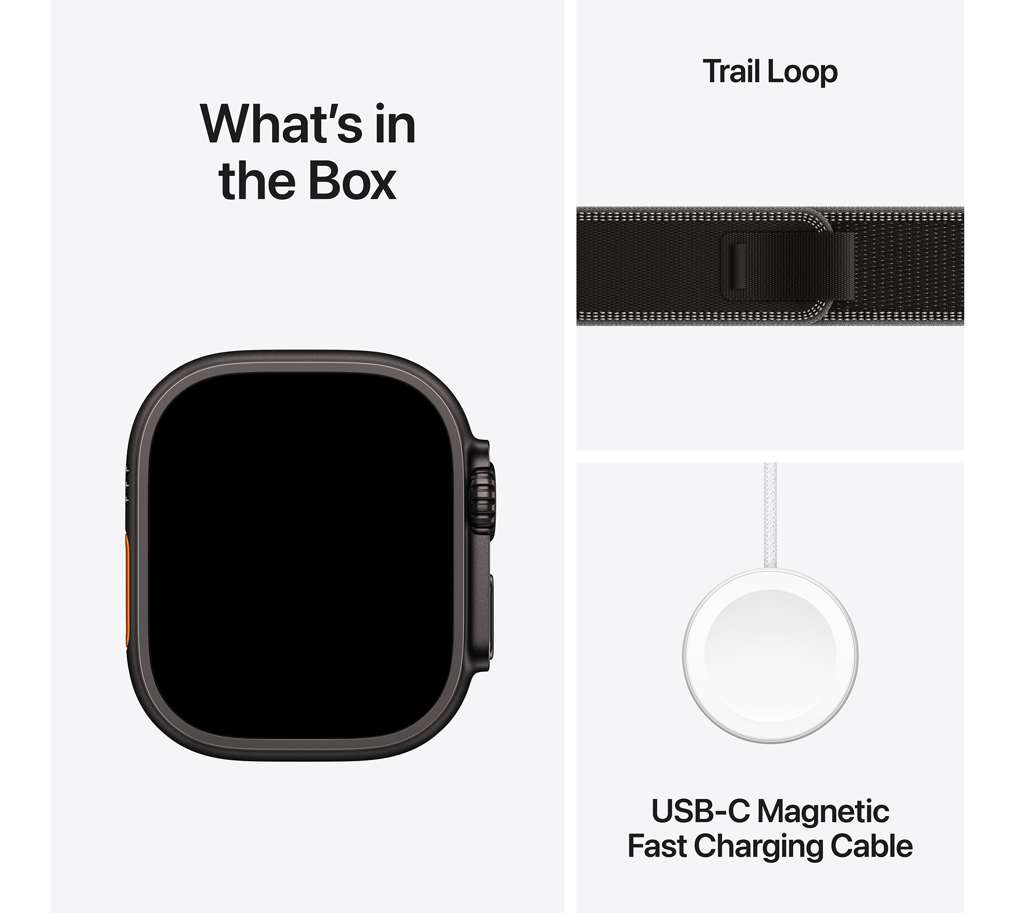 A képen a doboz tartalma látható: Apple Watch, Trail Loop szíj és USB-C mágneses gyorstöltő kábel. Fehér háttérrel.