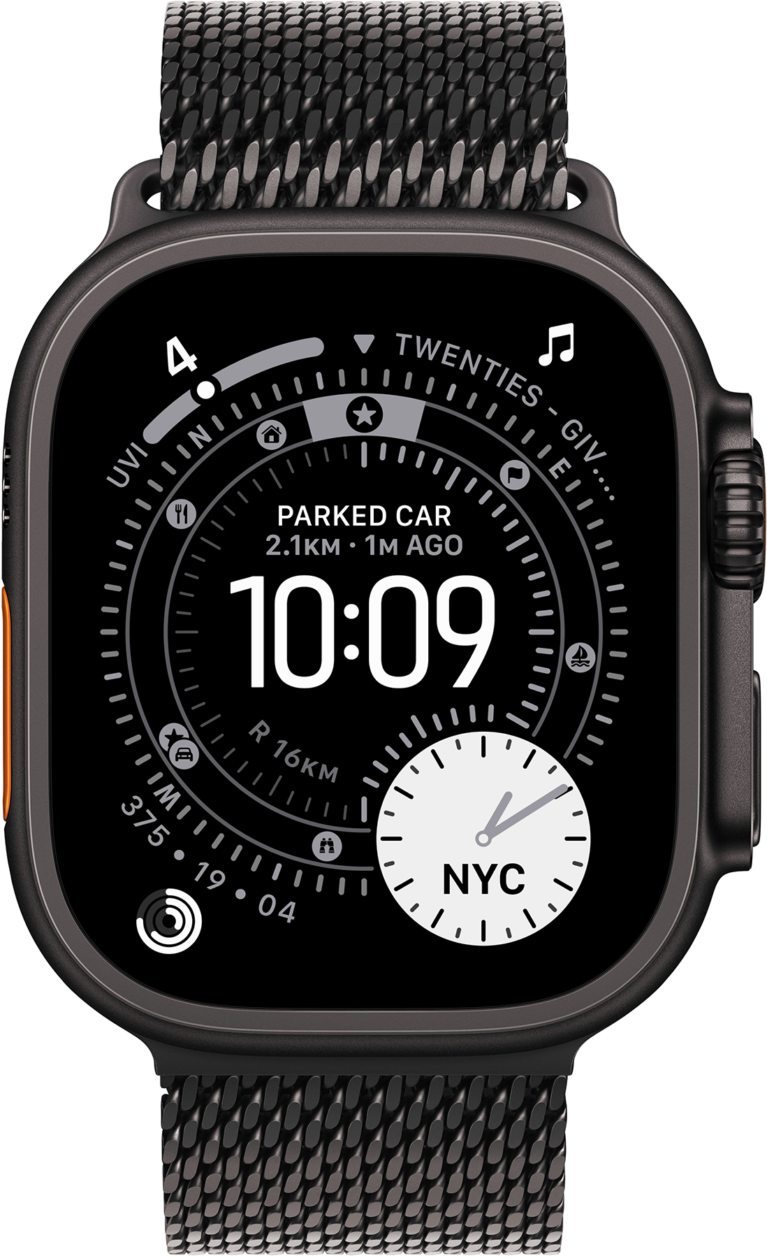 Egy fekete Apple Watch 10:09-et, parkolási infókat és NYC időt jelenít meg. Az óra fekete hálós szíjjal és szürke kerettel rendelkezik.
