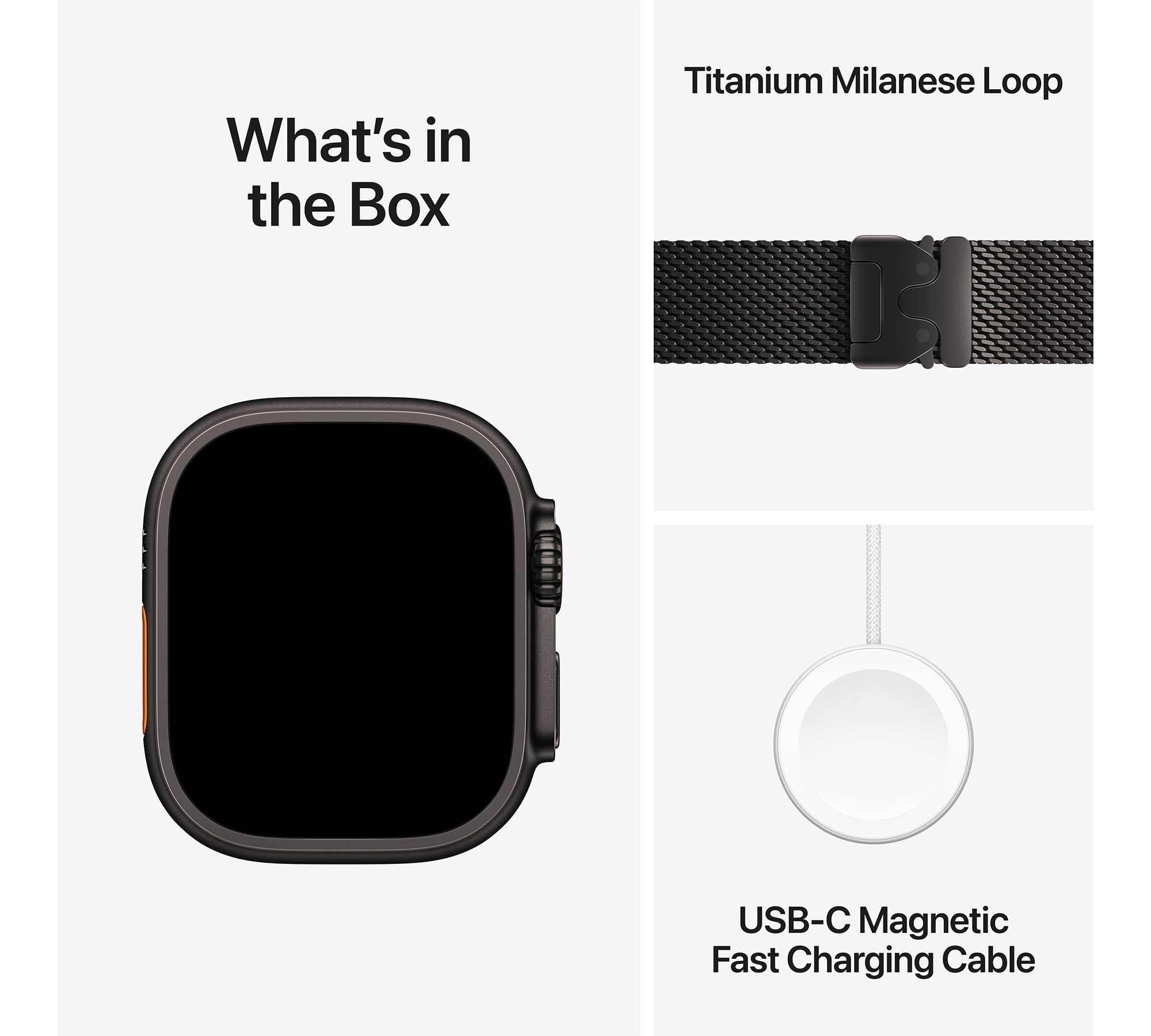 A képen az Apple Watch, a Milanese Loop szíj és a töltőkábel látható. A szöveg a következőt írja: 'Mi van a dobozban'.