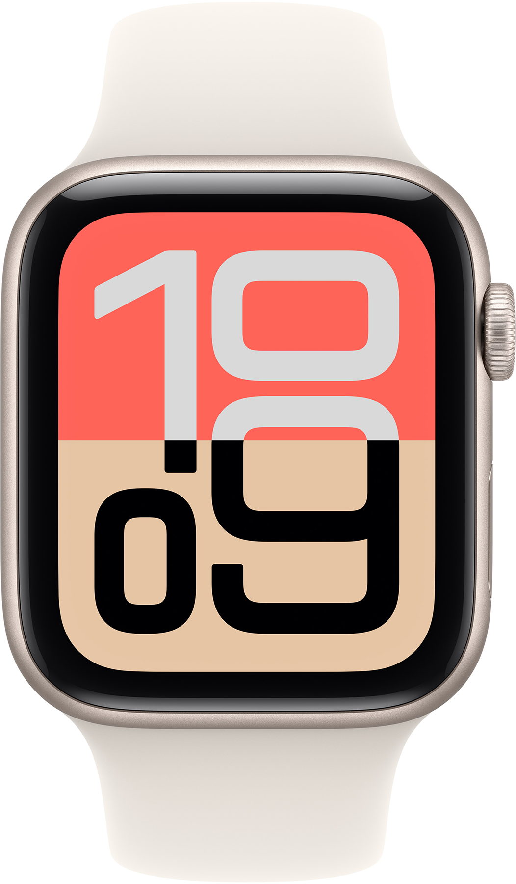 Apple Watch fehér szíjjal, ami 10:09-et mutat. Az óralap korall és bézs hátterű, fekete számokkal.