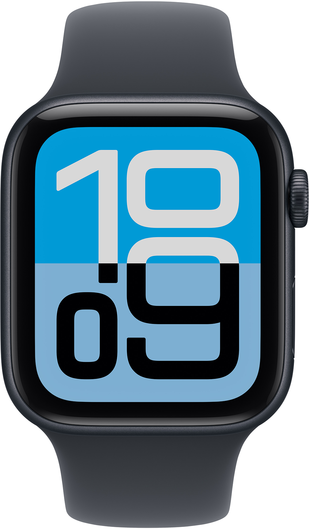 Apple Watch kék és világoskék kijelzővel, amely 10:09-et mutat. Az óra sötétszürke szíjjal és tokkal rendelkezik.
