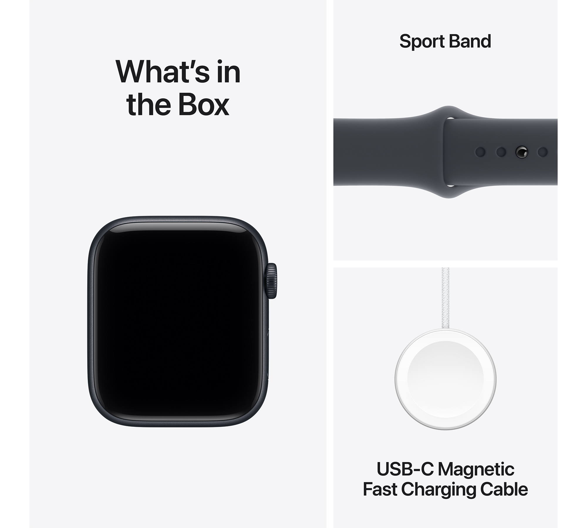 A képen egy doboz tartalma látható: Apple Watch, sport szíj és USB-C mágneses töltőkábel, fehér háttérrel.