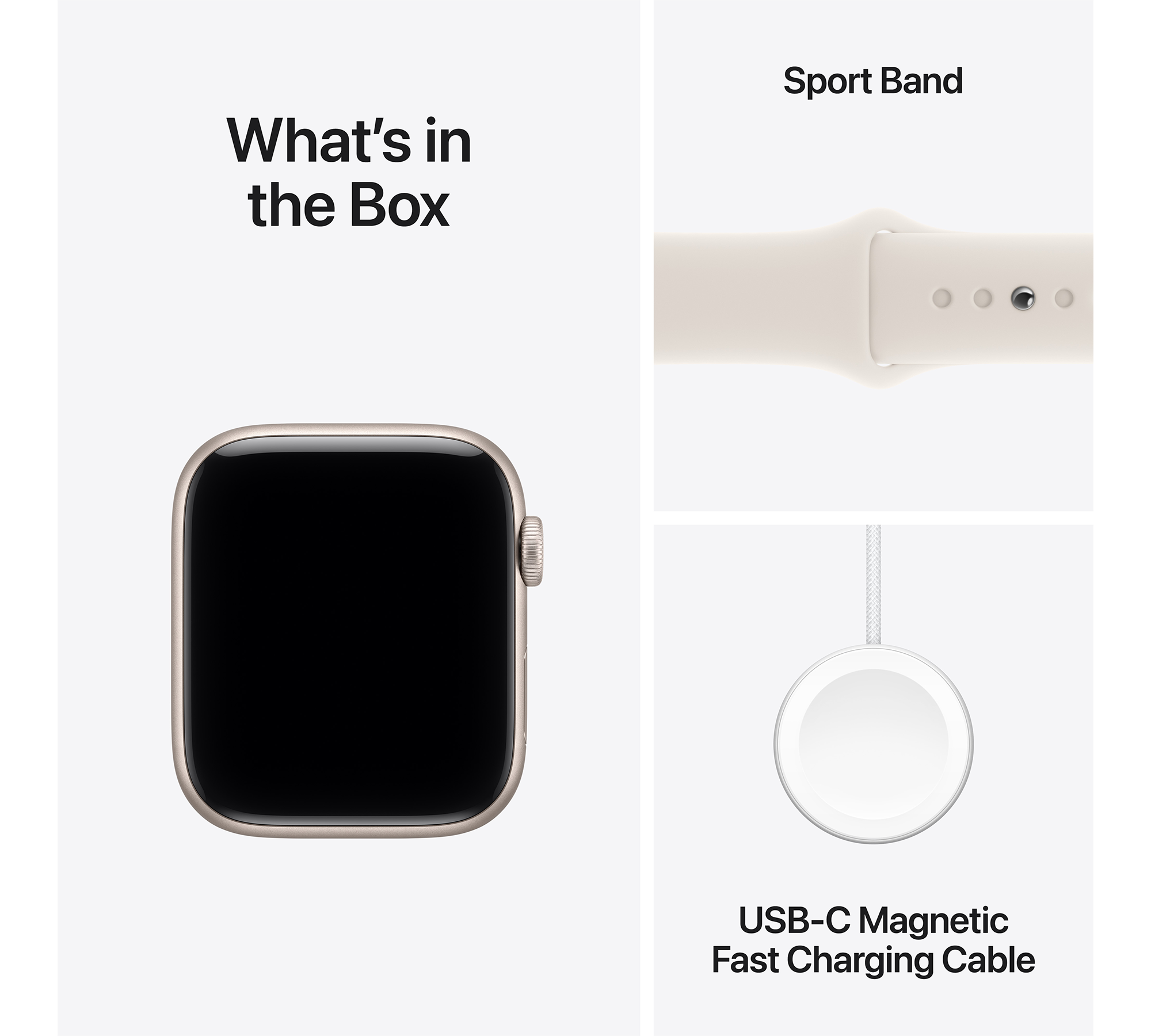 A képen egy Apple Watch, sport szíj és mágneses töltőkábel látható. A szöveg: "Mi van a dobozban".