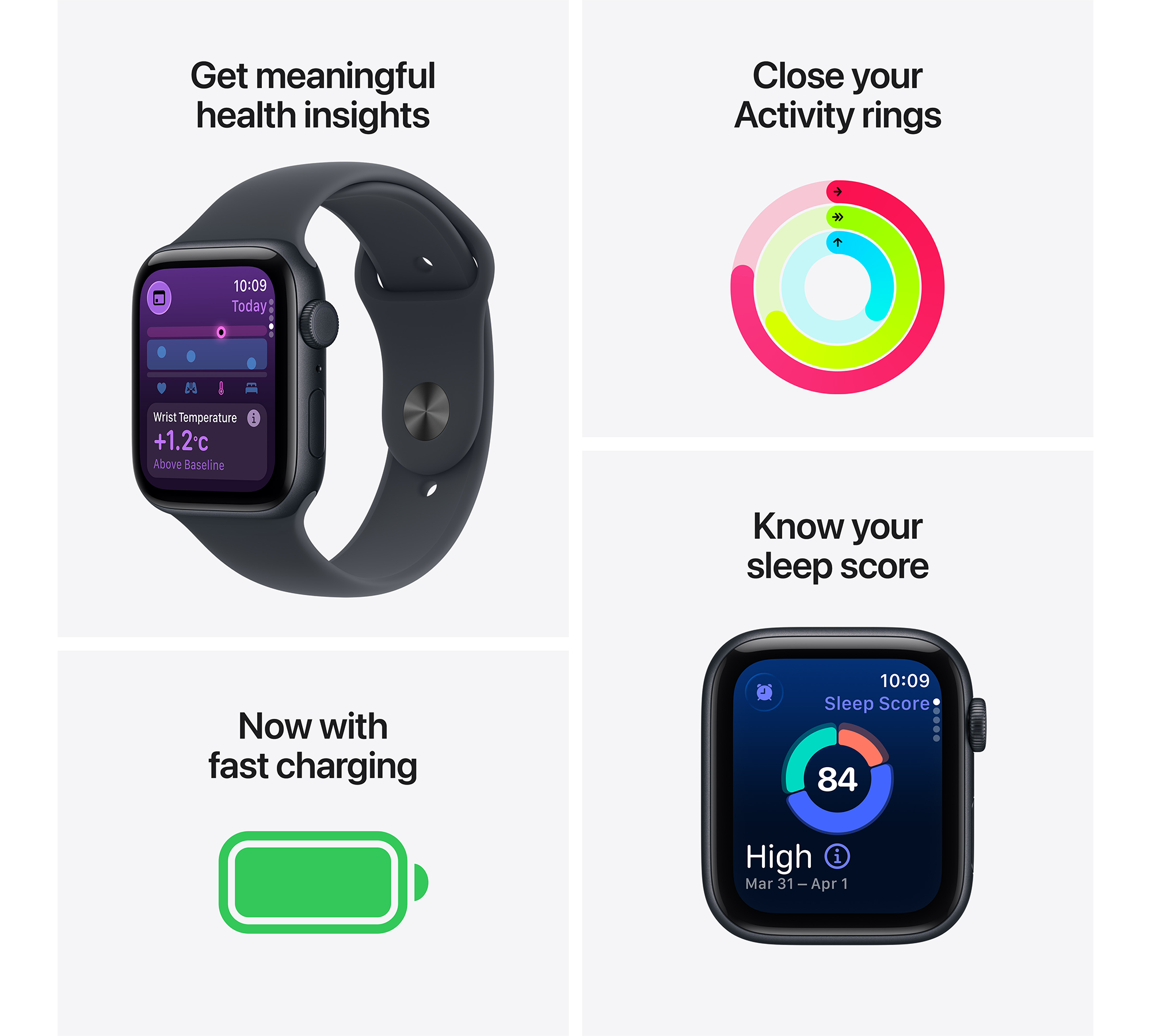 Az Apple Watch egészségügyi mérőszámokat jelenít meg: csukló hőmérséklet, aktivitási gyűrűk, alvás pontszám és gyors töltés, mind fehér háttéren.