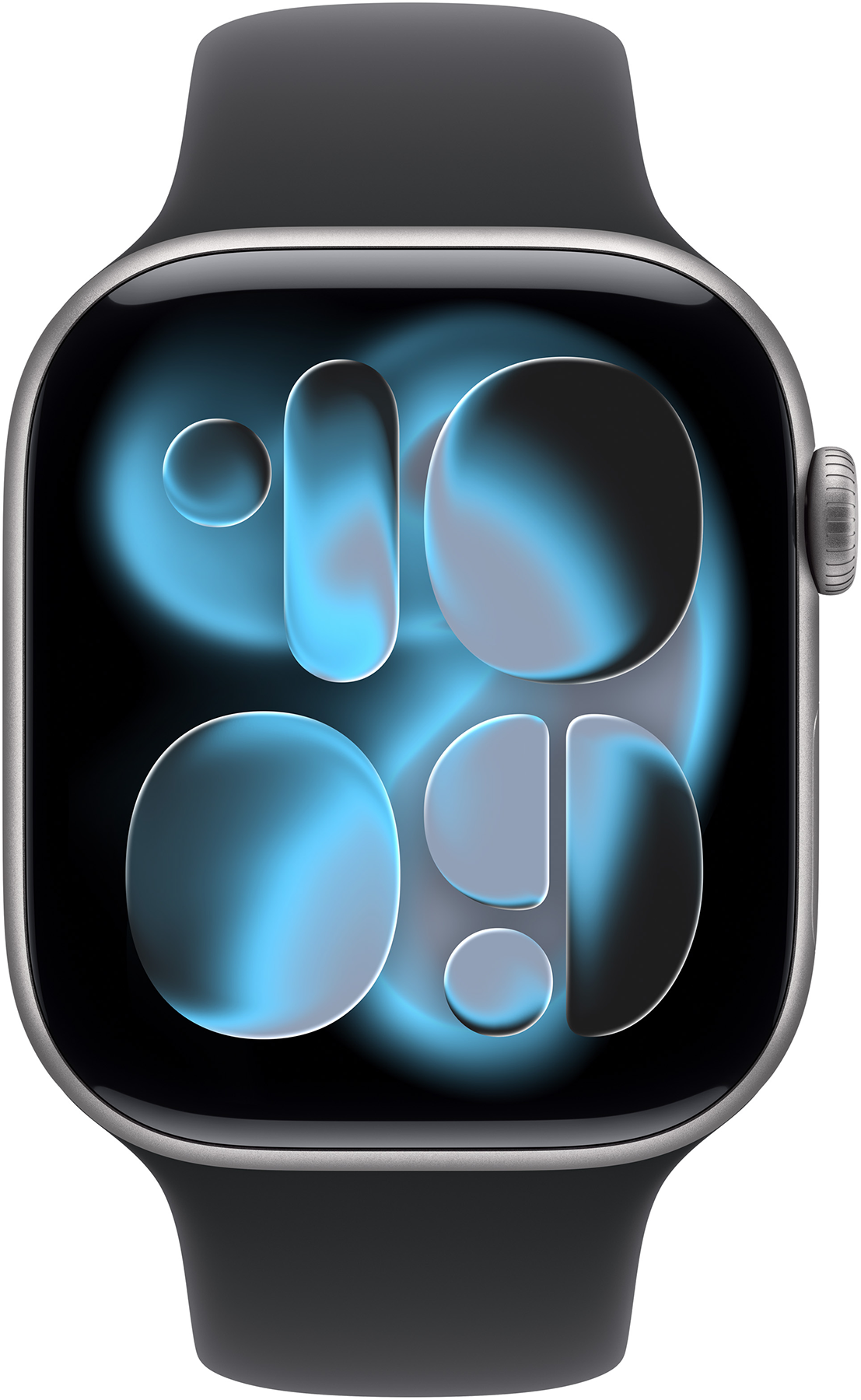 Egy fekete Apple Watch kék-fekete digitális számlappal, a szíj is fekete.