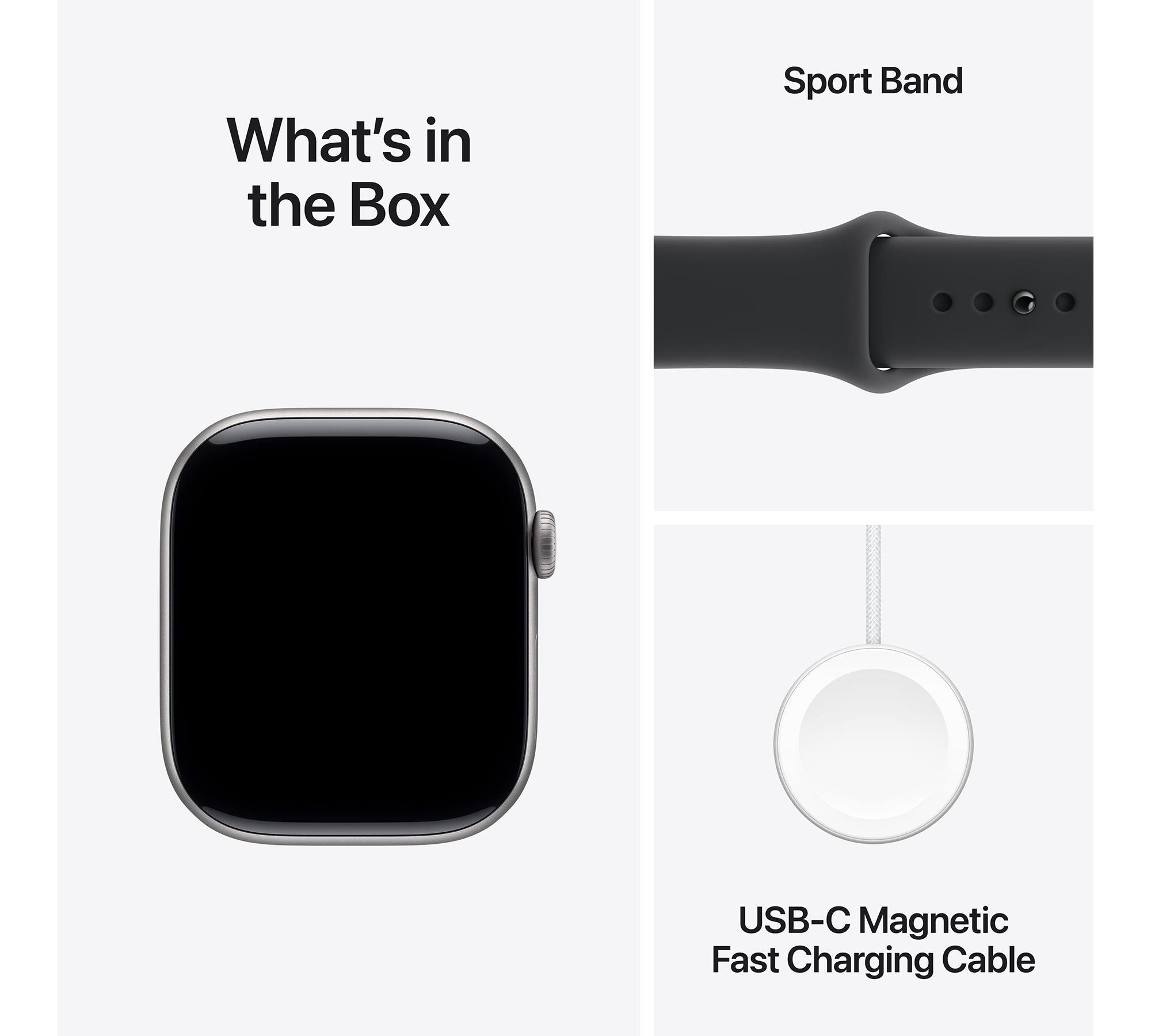 A képen Apple Watch alkatrészek láthatók: óra, sport szíj és töltőkábel. A szöveg: 'Mi van a dobozban?'