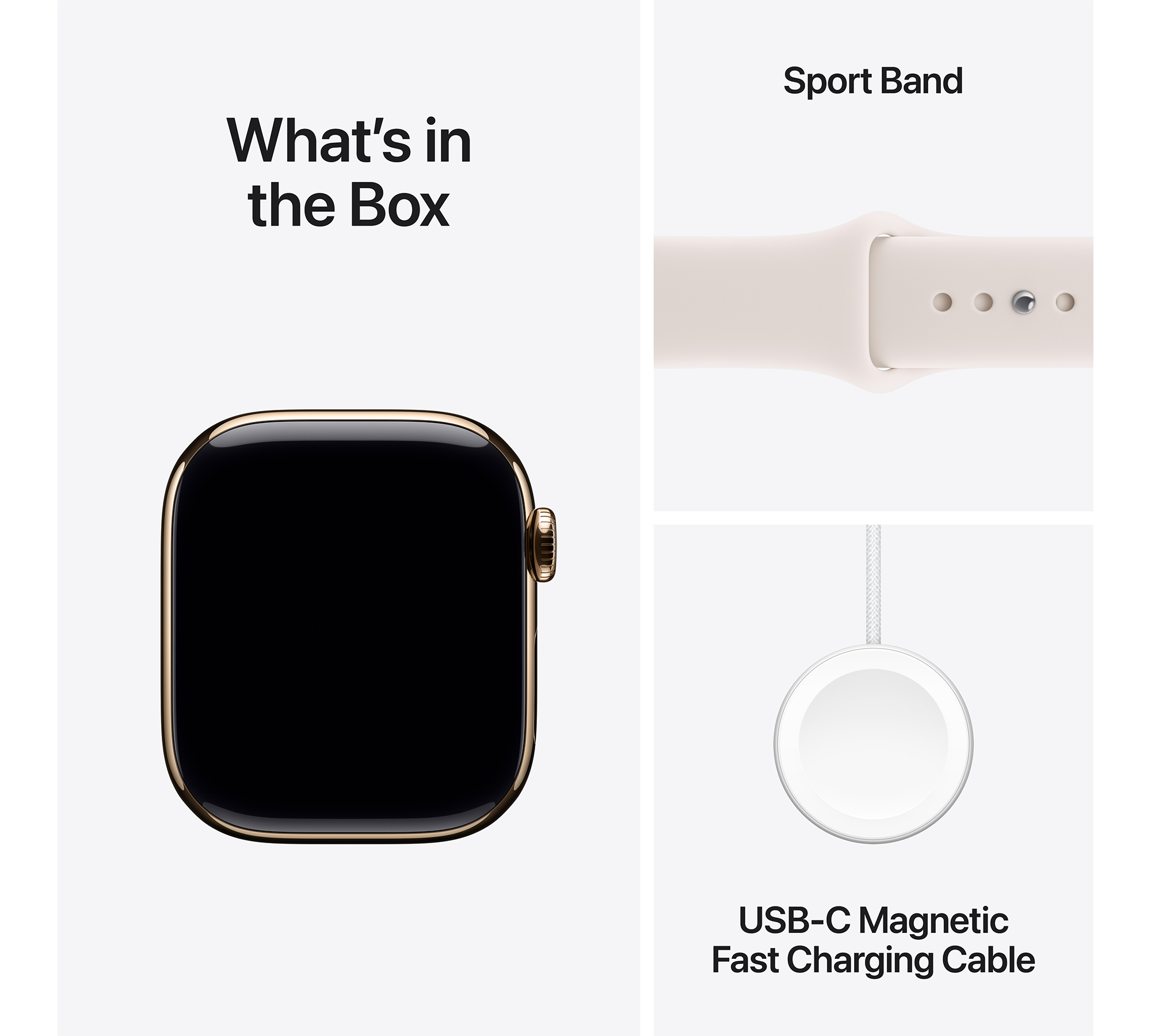 A képen Apple Watch, sport szíj és töltőkábel látható. Mindez fehér háttéren. A szöveg a következő: 'Mi van a dobozban?'
