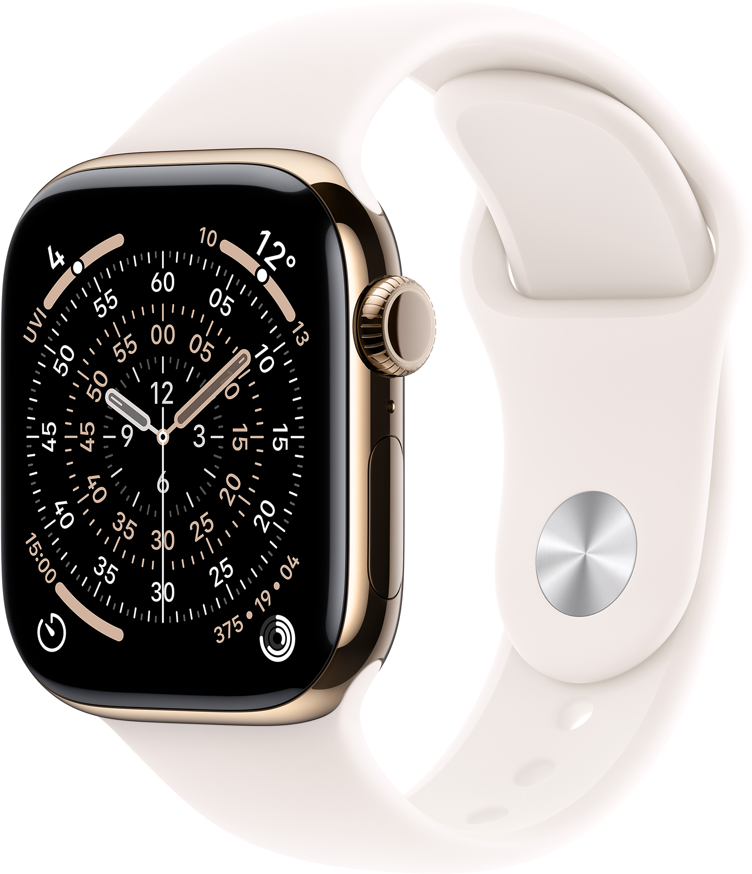 Egy arany Apple Watch látható fekete számlappal és fehér szíjjal. Az óra mutatja az időt. A háttér fehér.
