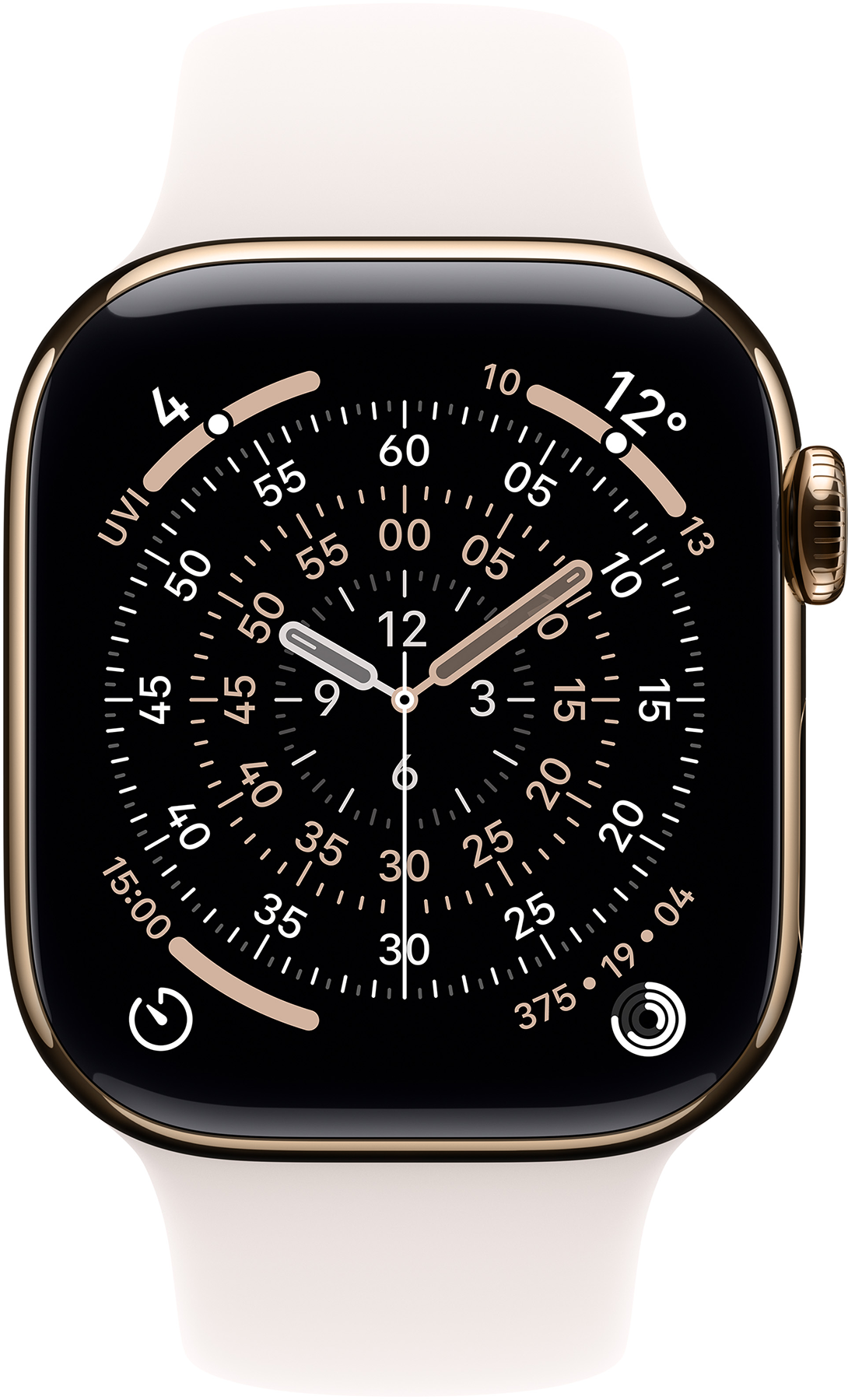 Egy Apple Watch közeli képe fekete számlappal, arany kerettel és krémszínű szíjjal. Arany számokkal és mutatókkal jeleníti meg az időt.