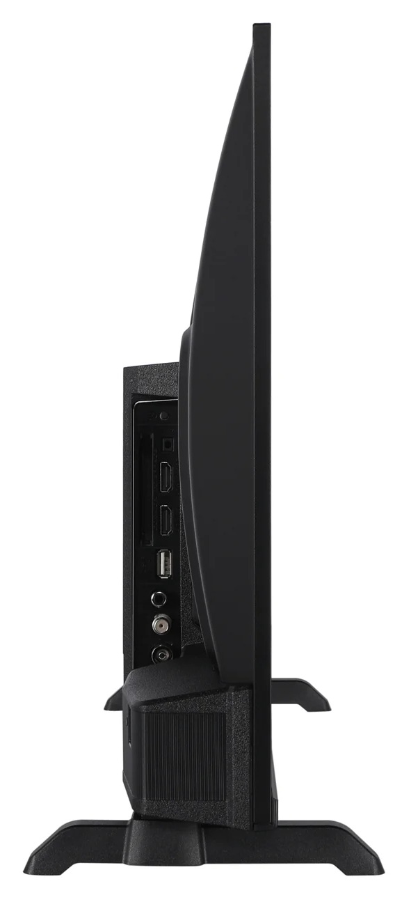 Widok z boku czarnego telewizora na białym tle. Telewizor ma porty z boku i jest podparty przez stojak.