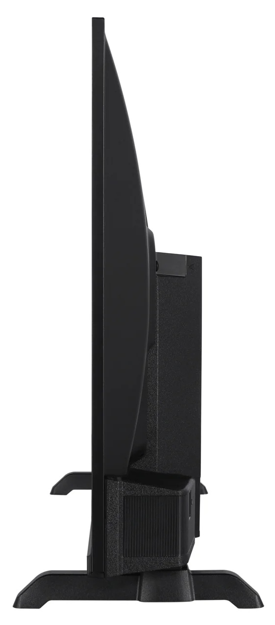 Widok z boku czarnego telewizora na stojaku. Telewizor jest prostokątny z cienką ramką. Stojak jest również czarny.