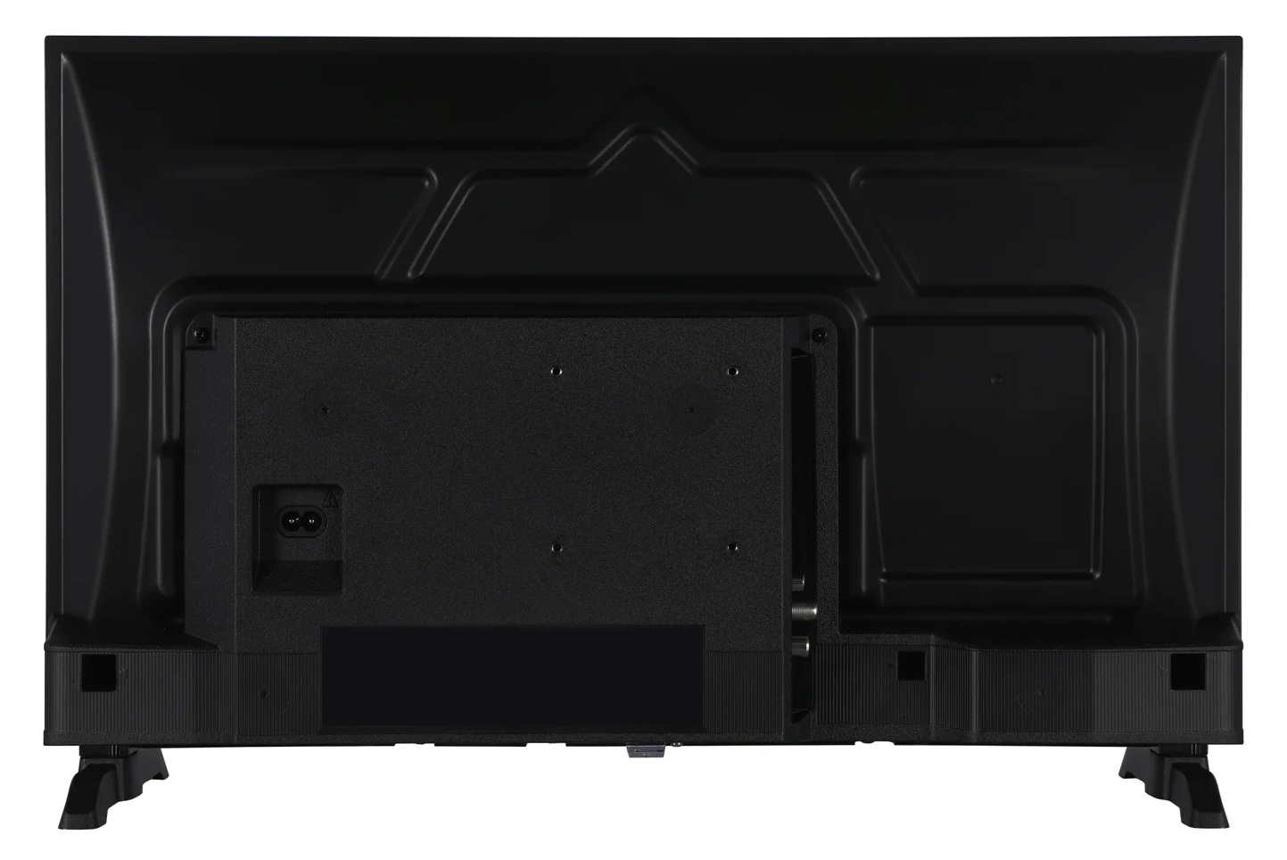Tył czarnego telewizora. Zawiera port zasilania, różne porty połączeniowe i teksturowaną powierzchnię z tworzywa sztucznego.