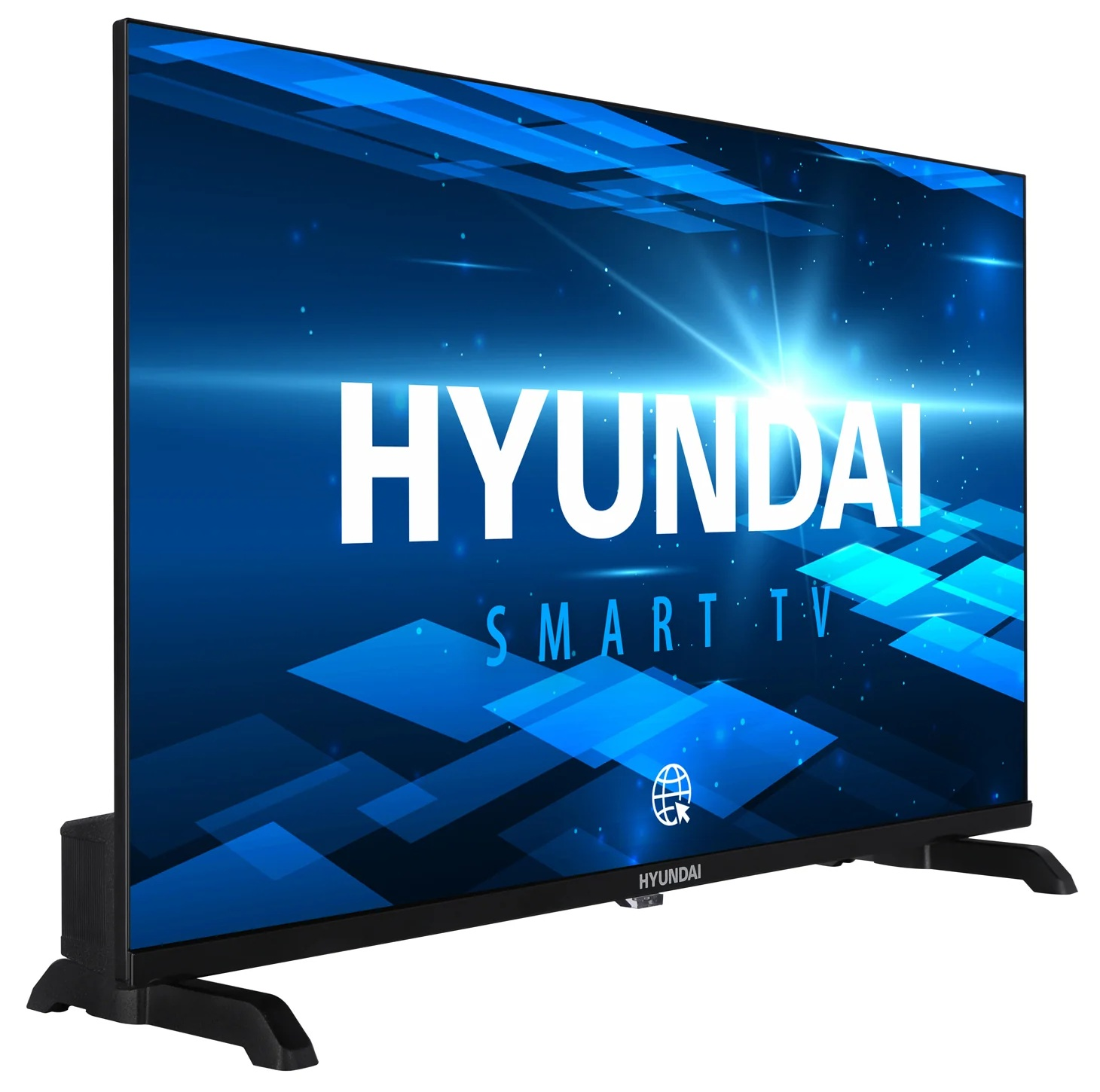 Telewizor Smart TV Hyundai. Ekran pokazuje logo Hyundai, niebieskie abstrakcyjne kształty i słowa 'Smart TV'.