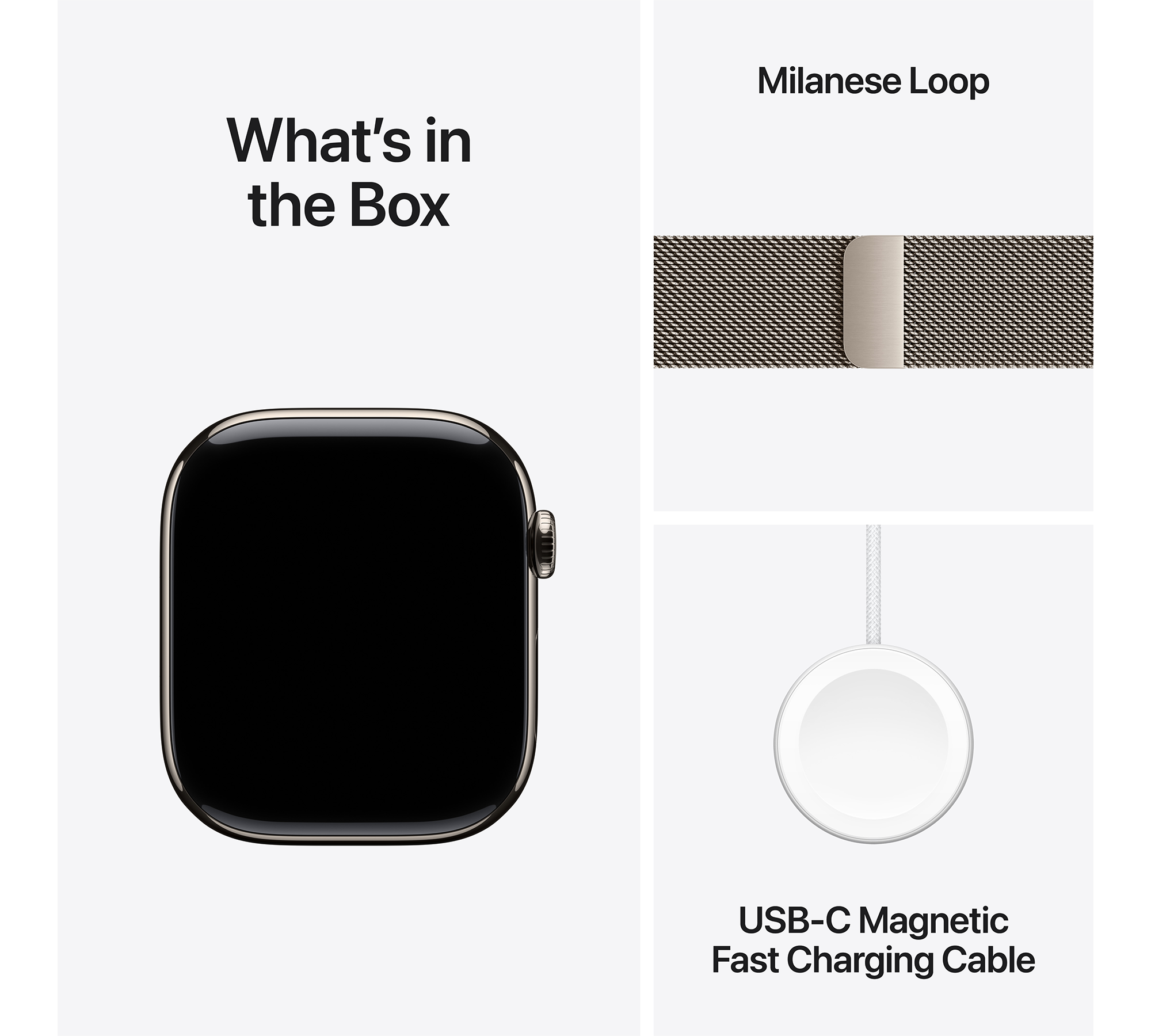 A képen egy Apple Watch, Milanese Loop szíj és USB-C töltőkábel látható. A szöveg: 'Mi van a dobozban'.