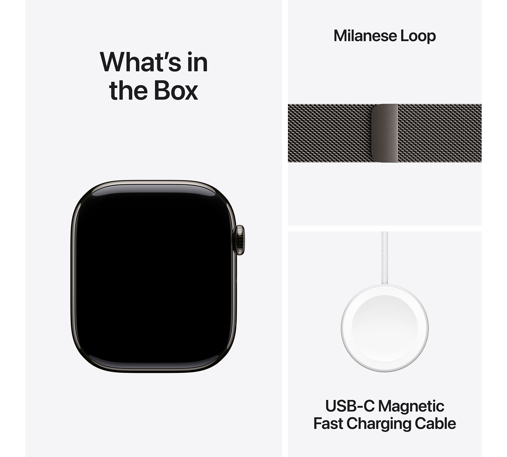 A képen egy Apple Watch, egy Milanese Loop szíj és egy USB-C mágneses töltőkábel látható fehér háttér előtt.