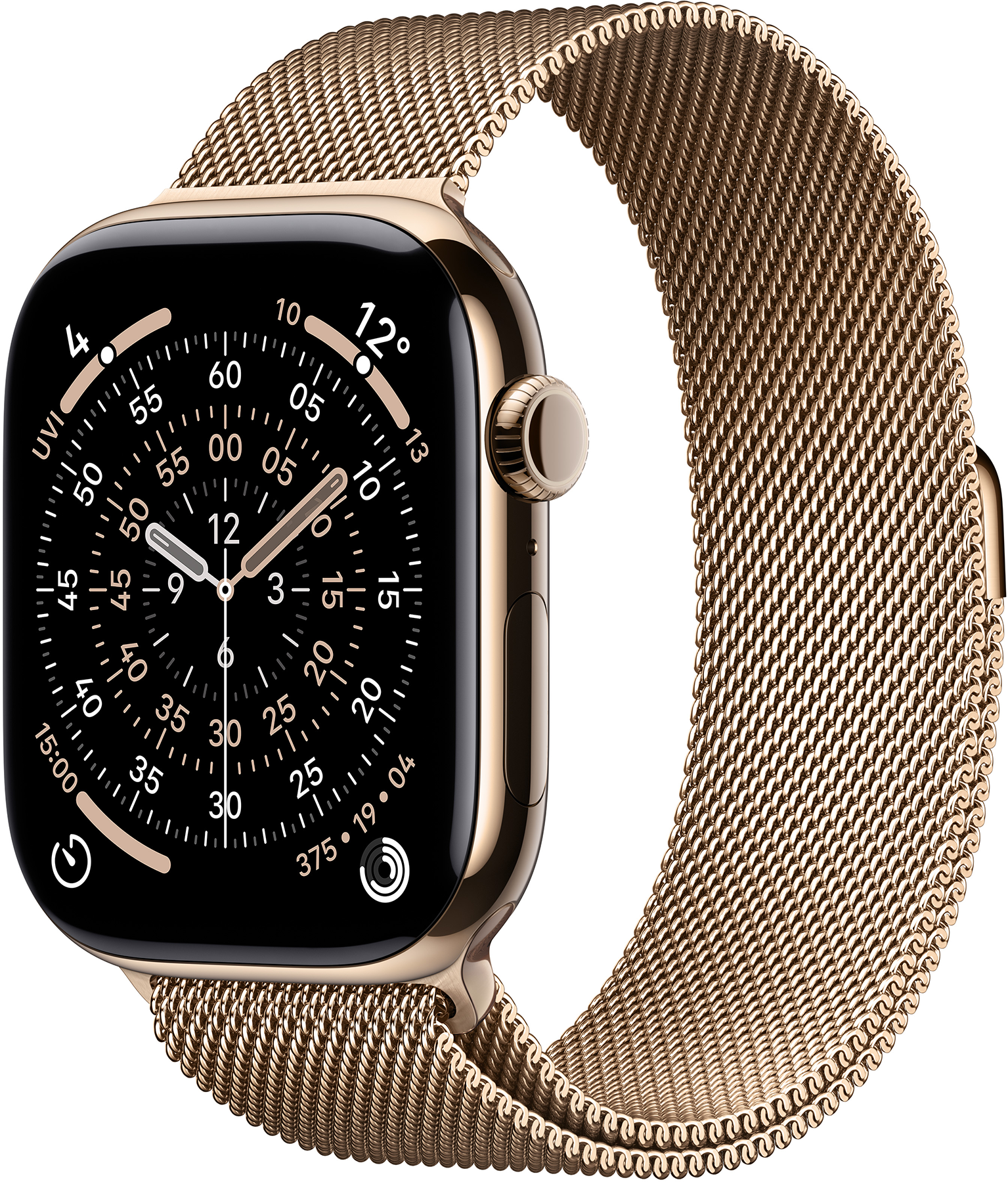 Arany Apple Watch Milanese szíjjal. A számlap fekete, fehér és arany jelzésekkel. Az idő kb. 12:00.
