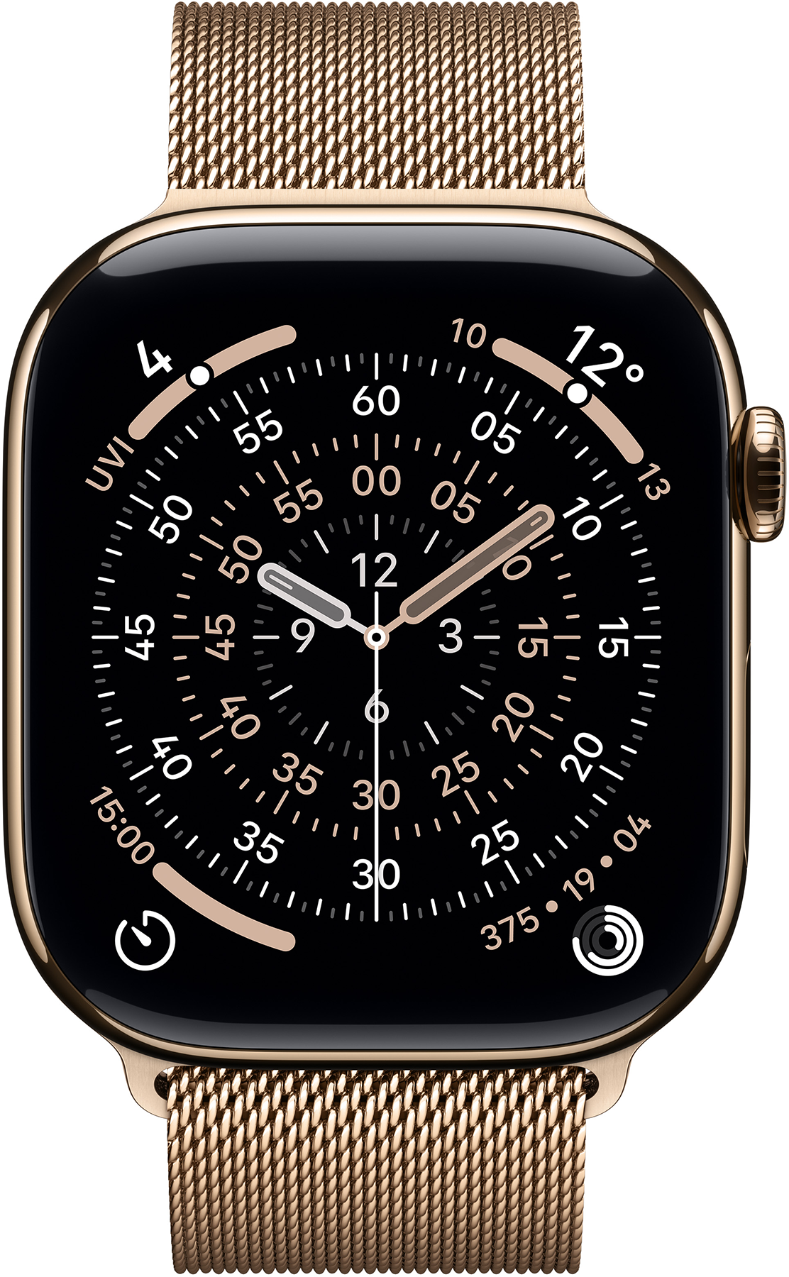 Arany Apple Watch fekete számlappal, amely az időt mutatja. Arany hálós szíj. A mutatók 9:17-et mutatnak. Több adat látható.
