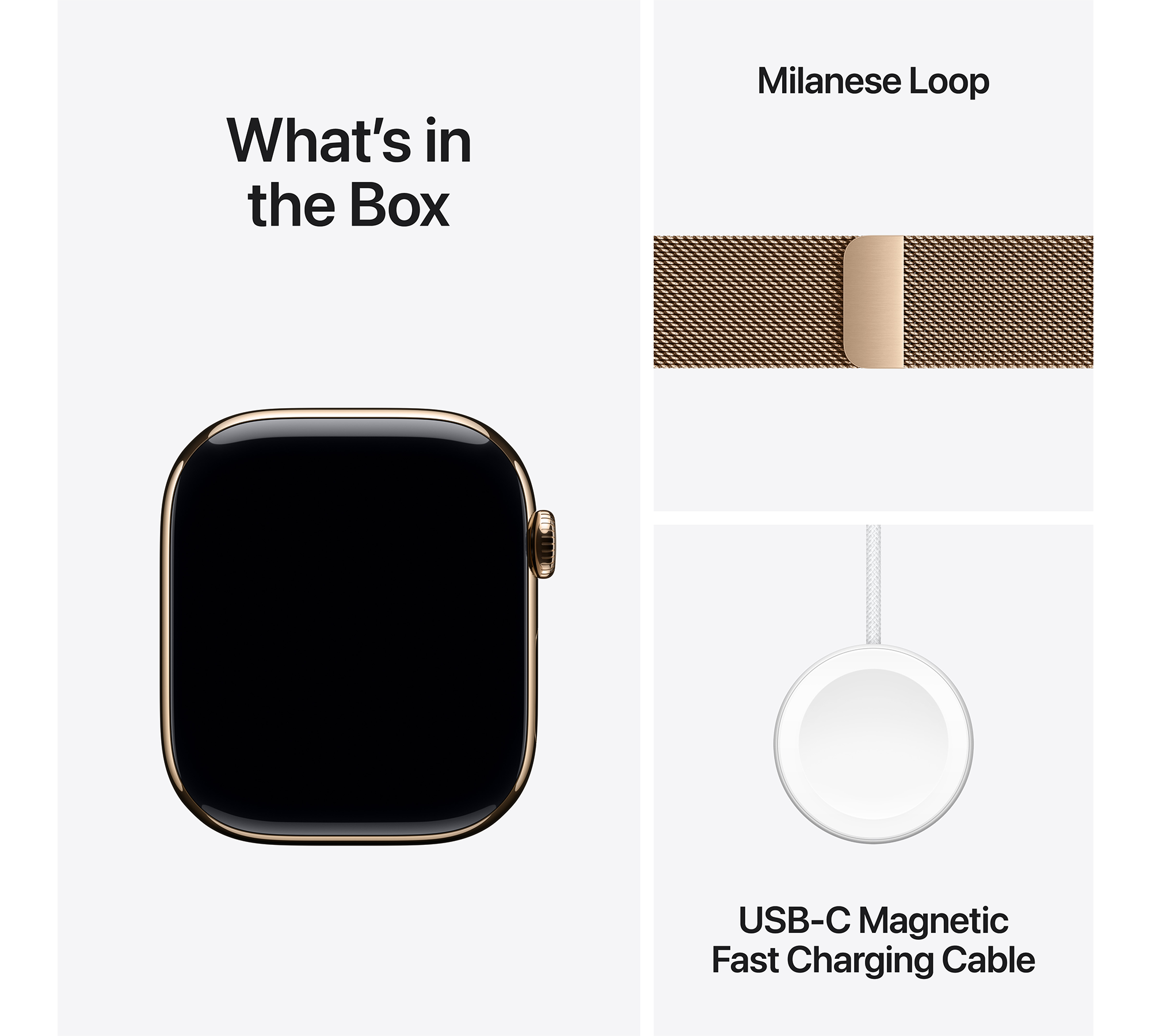 A képen egy Apple Watch, egy Milanese Loop szíj és egy töltőkábel látható. A szöveg a következő: 'Mi van a dobozban'.