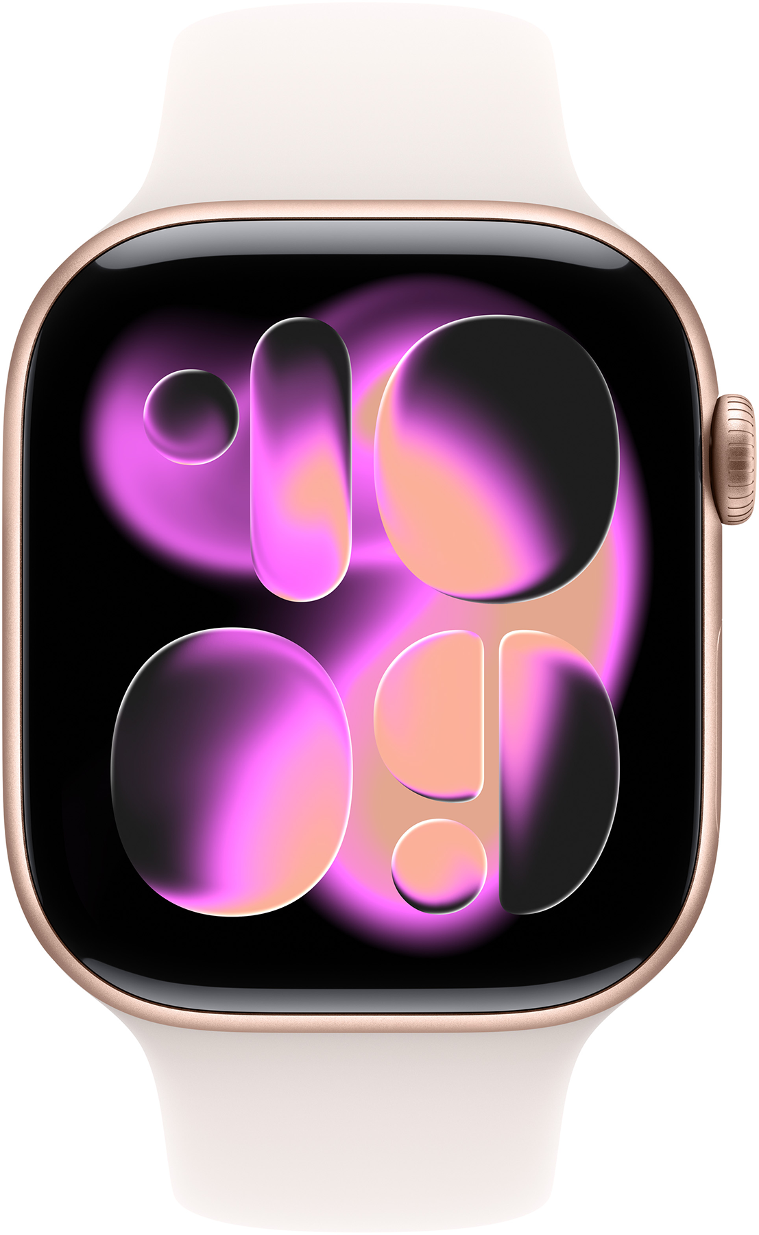 Egy Apple Watch arany tokkal és fehér szíjjal. A képernyő egy absztrakt dizájnt jelenít meg rózsaszín és fekete elemekkel.