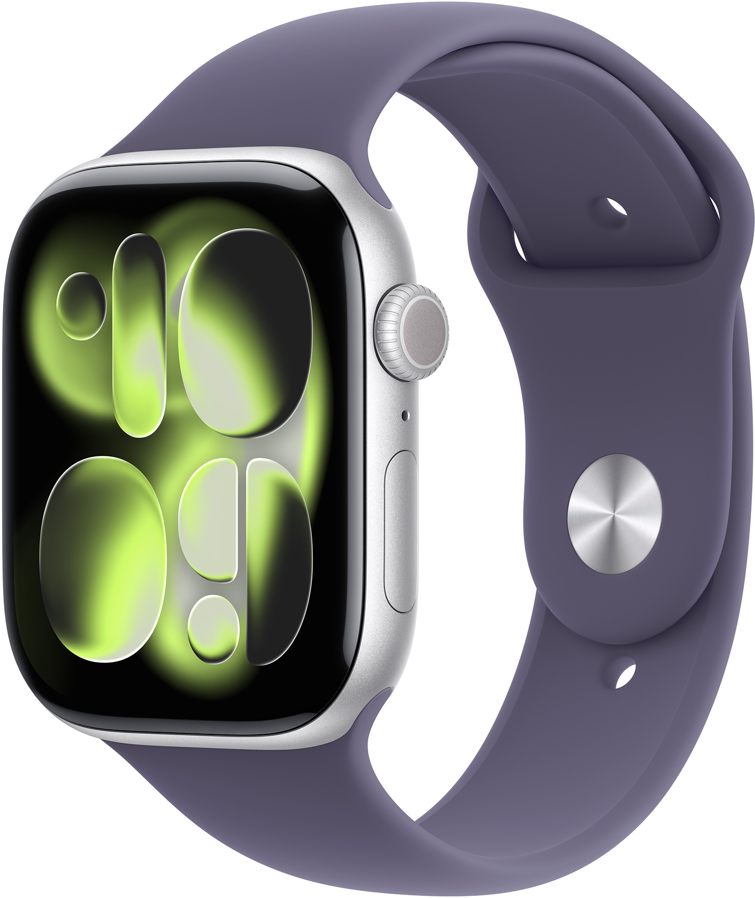 Egy ezüst Apple Watch lila szíjjal, amely az időt mutatja. A képernyőn a 10:09-es szám látható zöld átmenettel.