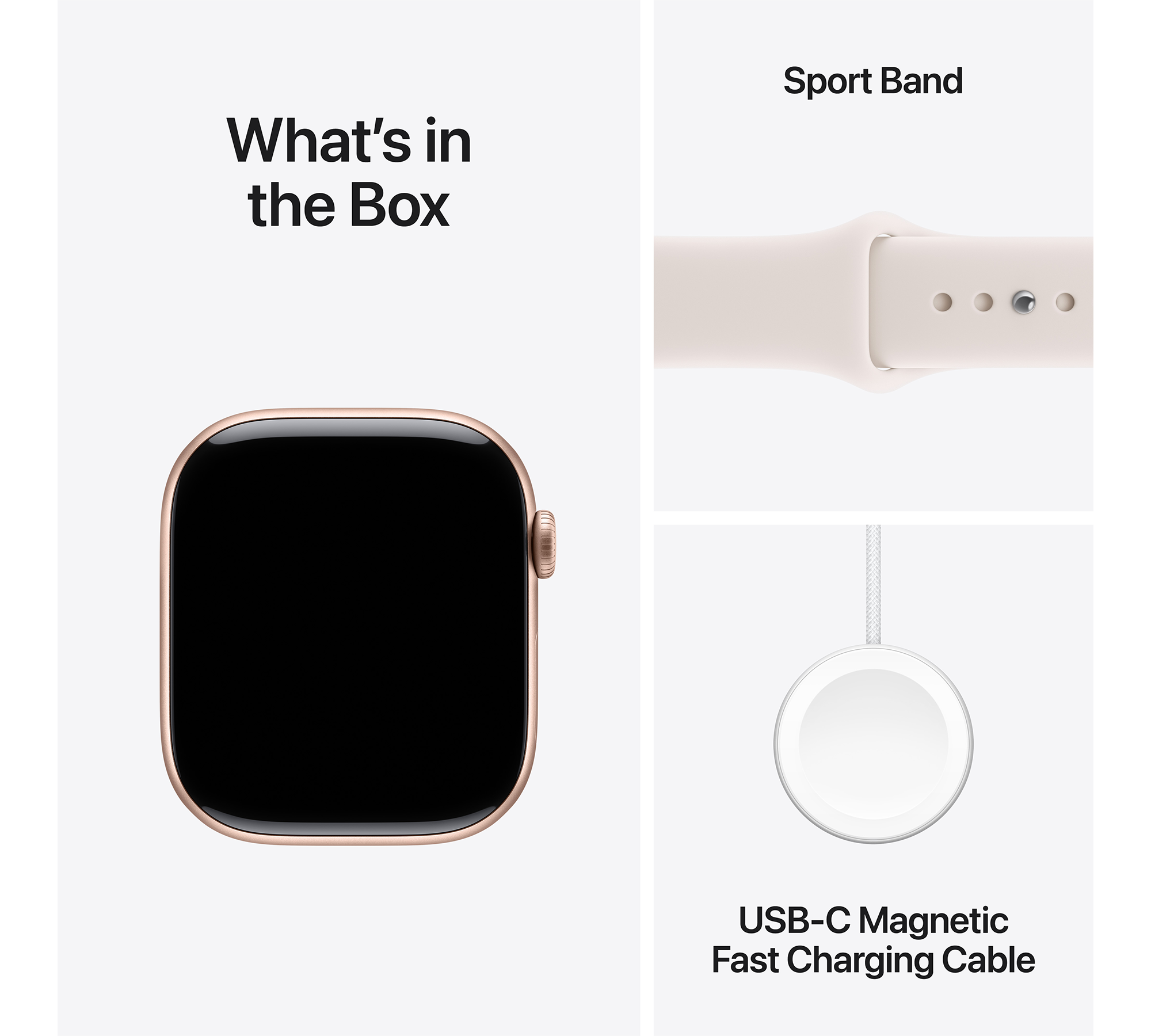 Apple Watch képe sportpánttal és töltőkábellel. Szöveg: Mi van a dobozban.