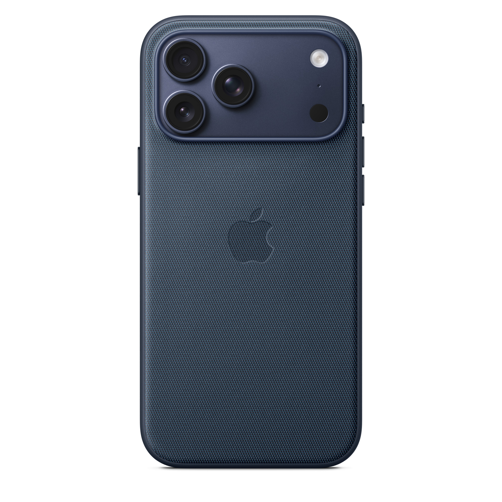 Sötétkék iPhone tok hármas lencsés kamerával és Apple logóval, fehér háttéren.