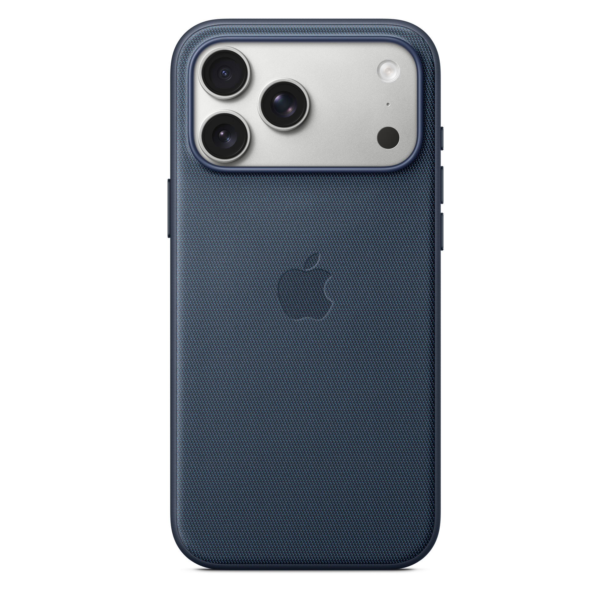 Egy sötétkék iPhone tok ezüst kameramodullal, három lencsével és Apple logóval.