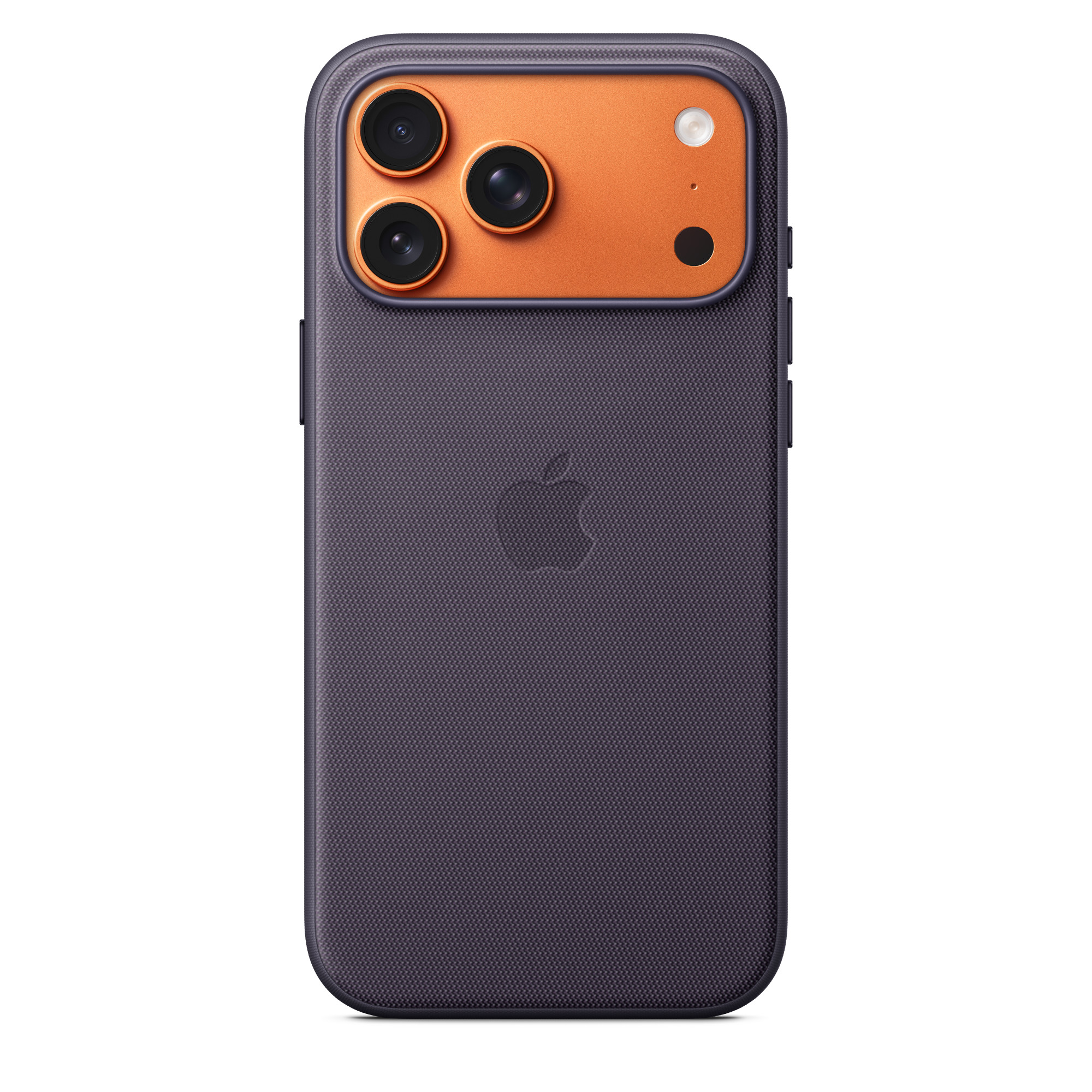 Egy lila telefon narancssárga kamerarészletekkel. Az Apple logója látható. Három kamera látható a hátoldalon.