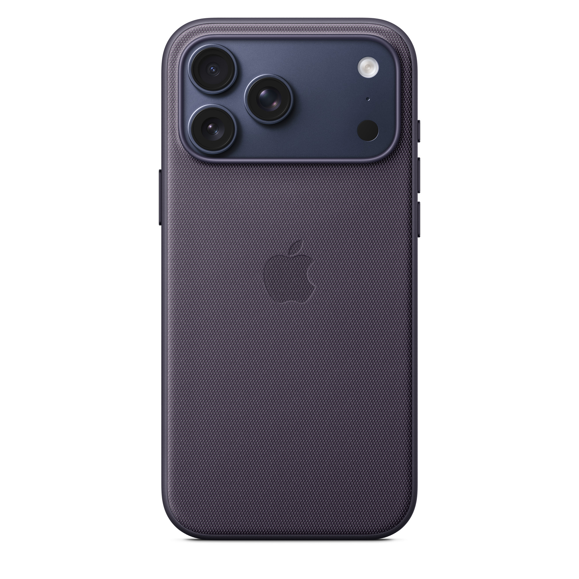 Sötétlila iPhone tok texturált hátlappal. A kamera kiemelkedés sötétebb lila. Egy Apple logó a közepén.