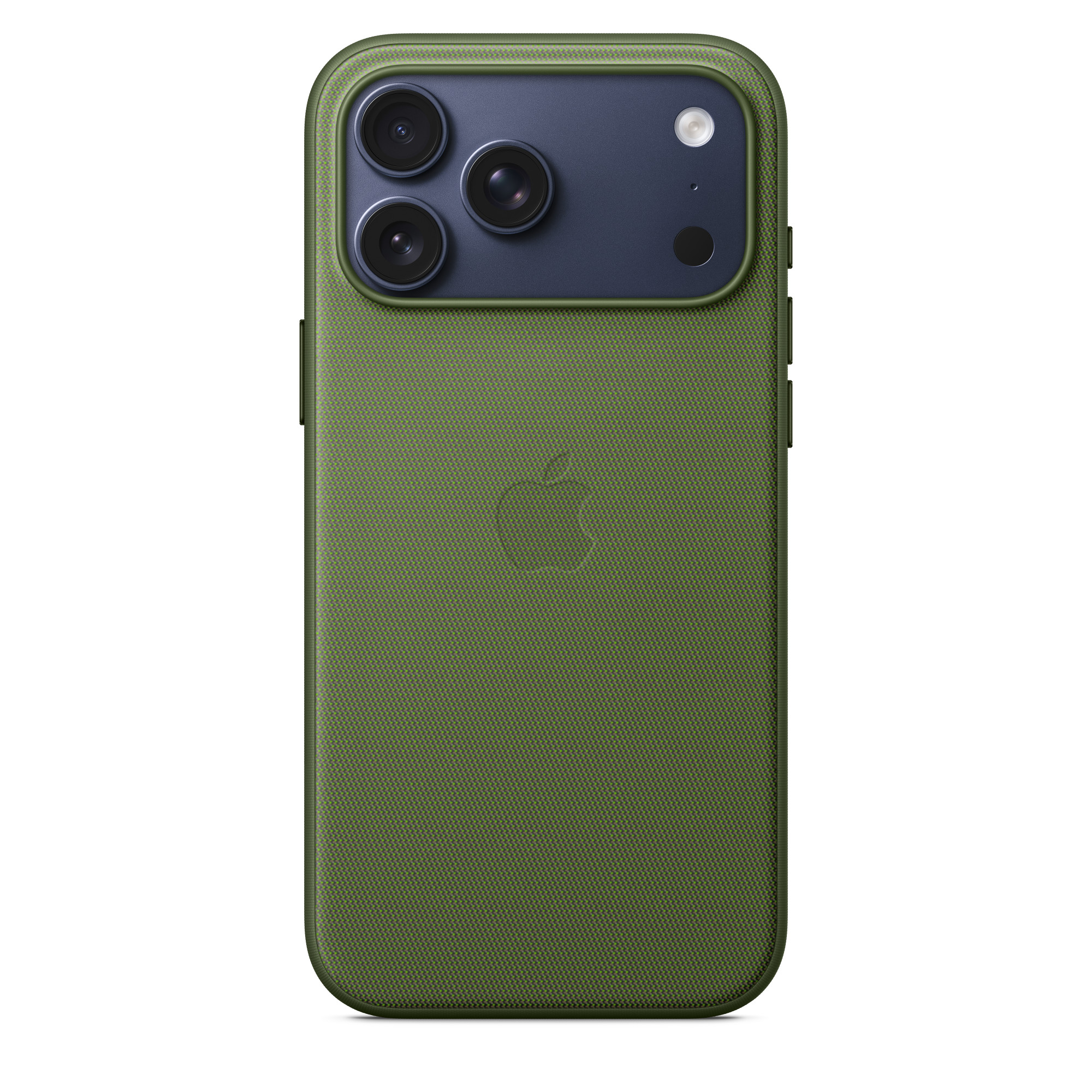 Olívazöld telefontok, három kamerával és vakuval. Apple logó a hátulján. Sötétkék kamera terület.