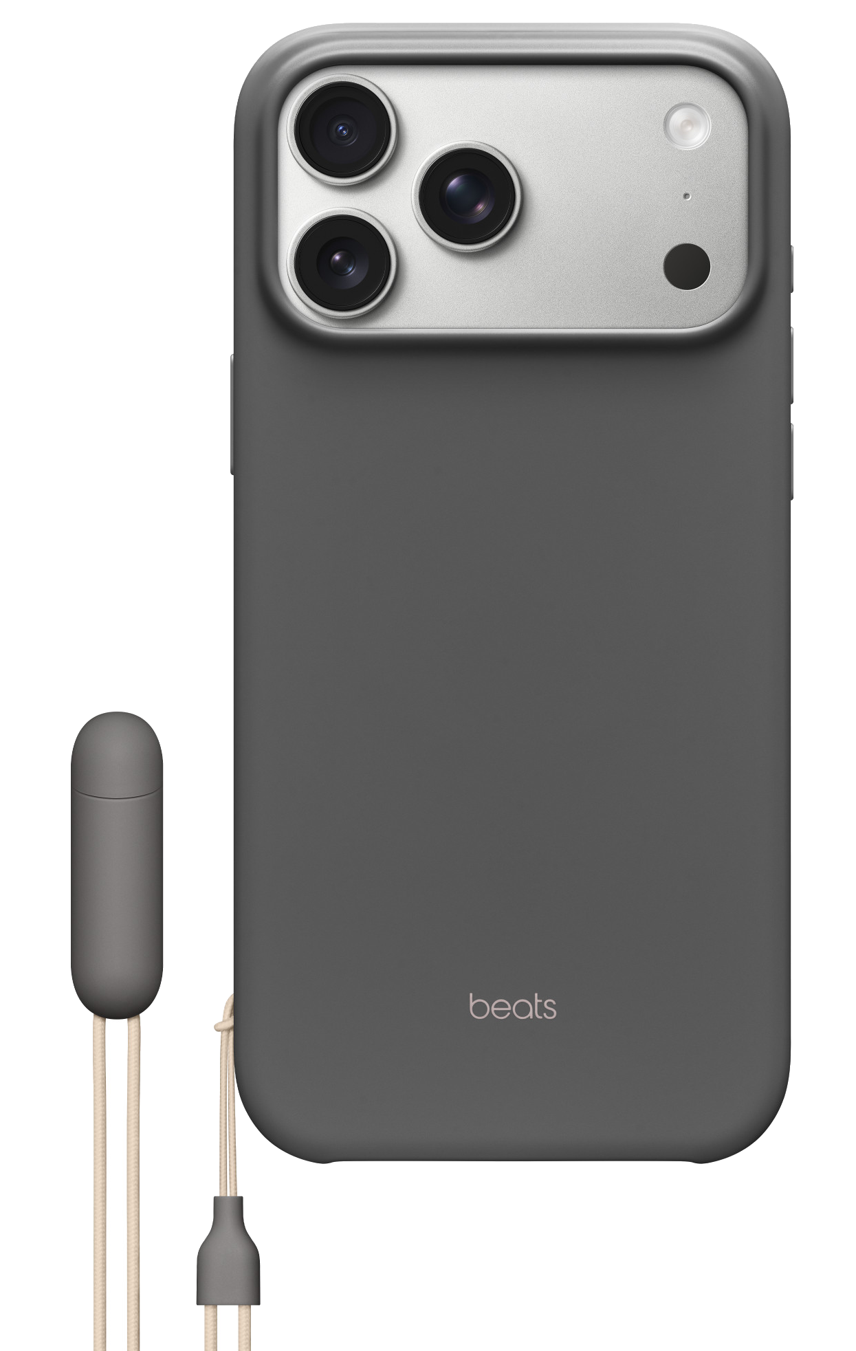 Szary telefon z trzema aparatami i logo Beats. Szary kabel i biało-złoty kabel są podłączone do telefonu.