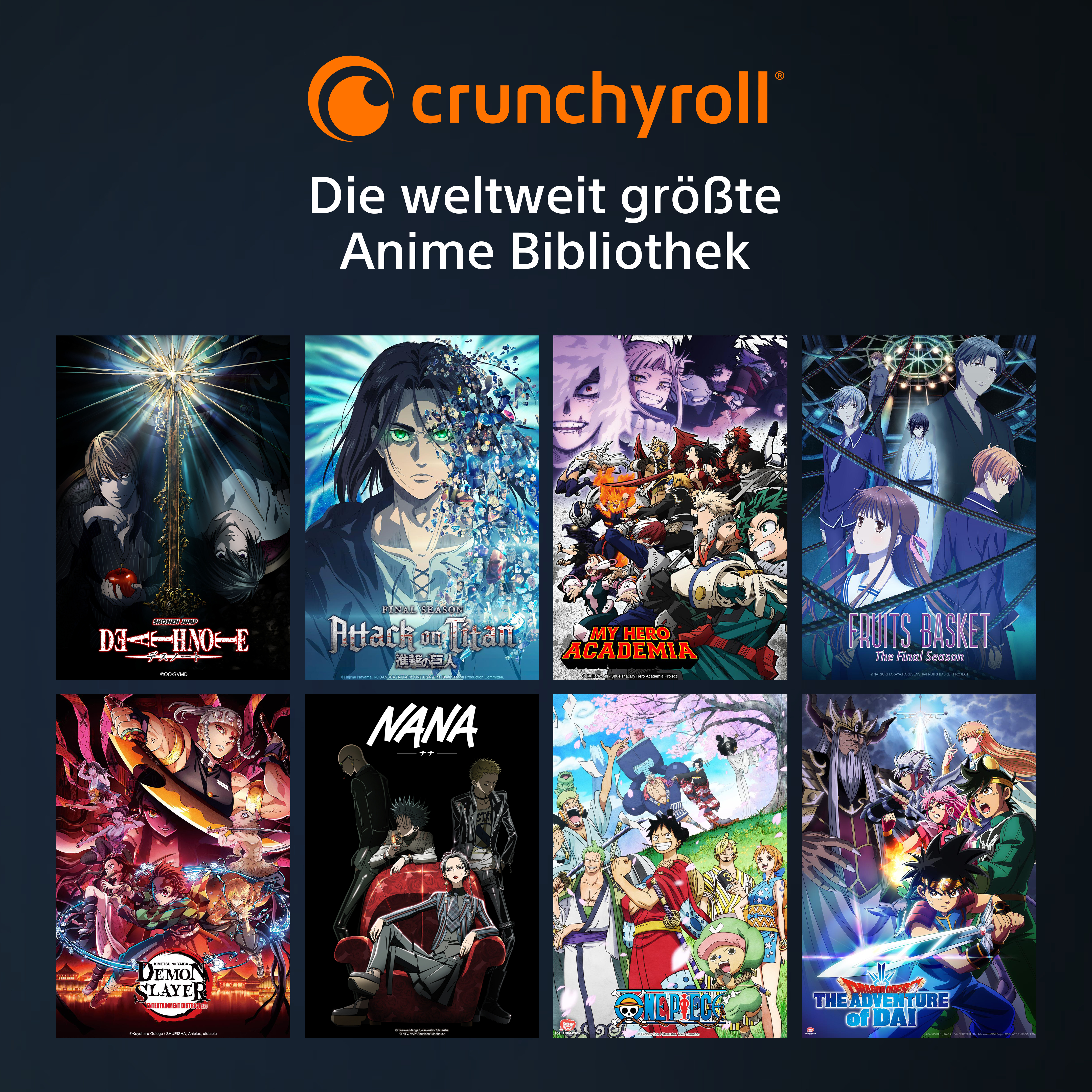 Crunchyroll-Anzeige mit Anime-Titeln, darunter Death Note, Attack on Titan, My Hero Academia und Fruits Basket.