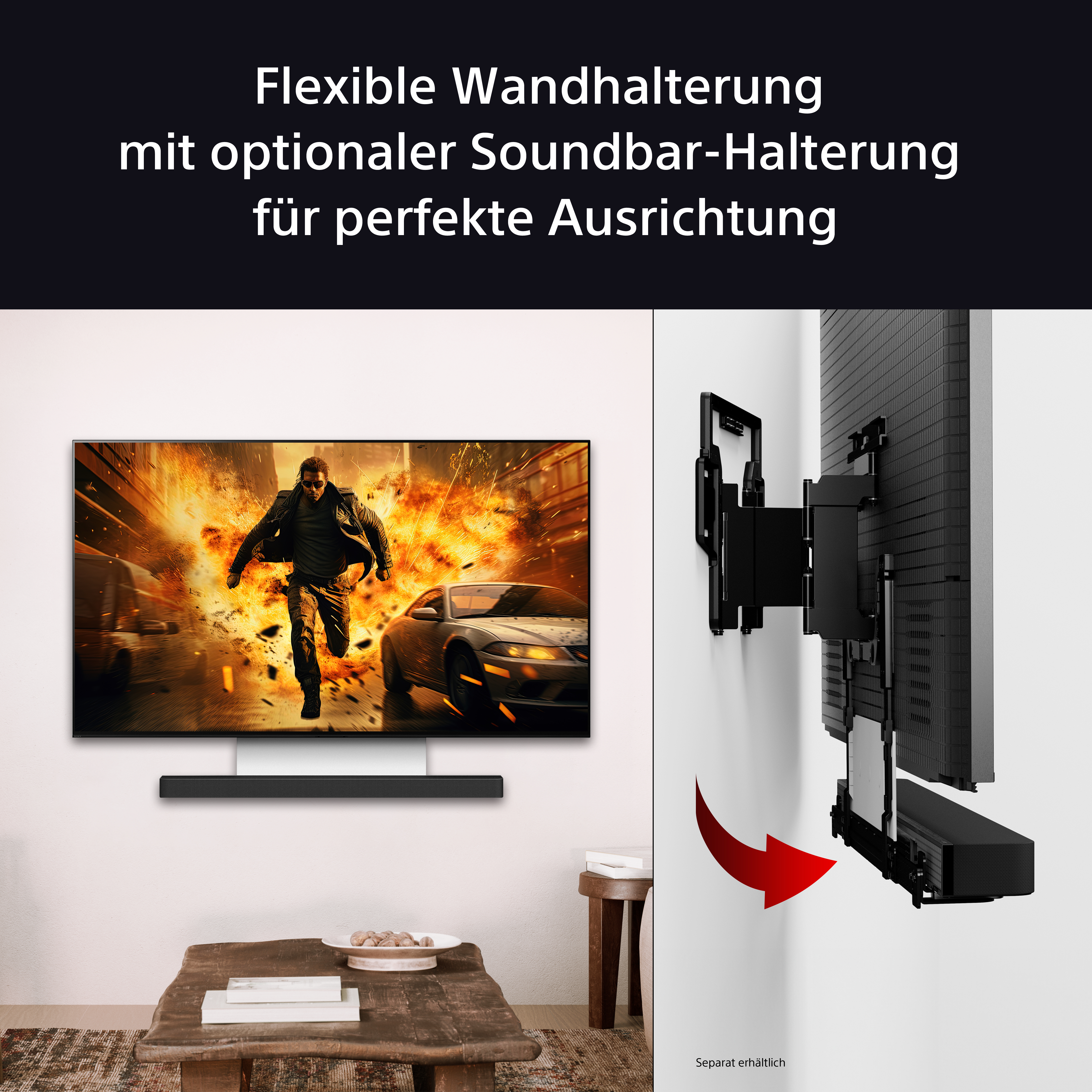Fernseher mit Action-Szene, Soundbar und Wandhalterung. Schwarze Wandhalterung und roter Pfeil. Text oben. Brauner Tisch.