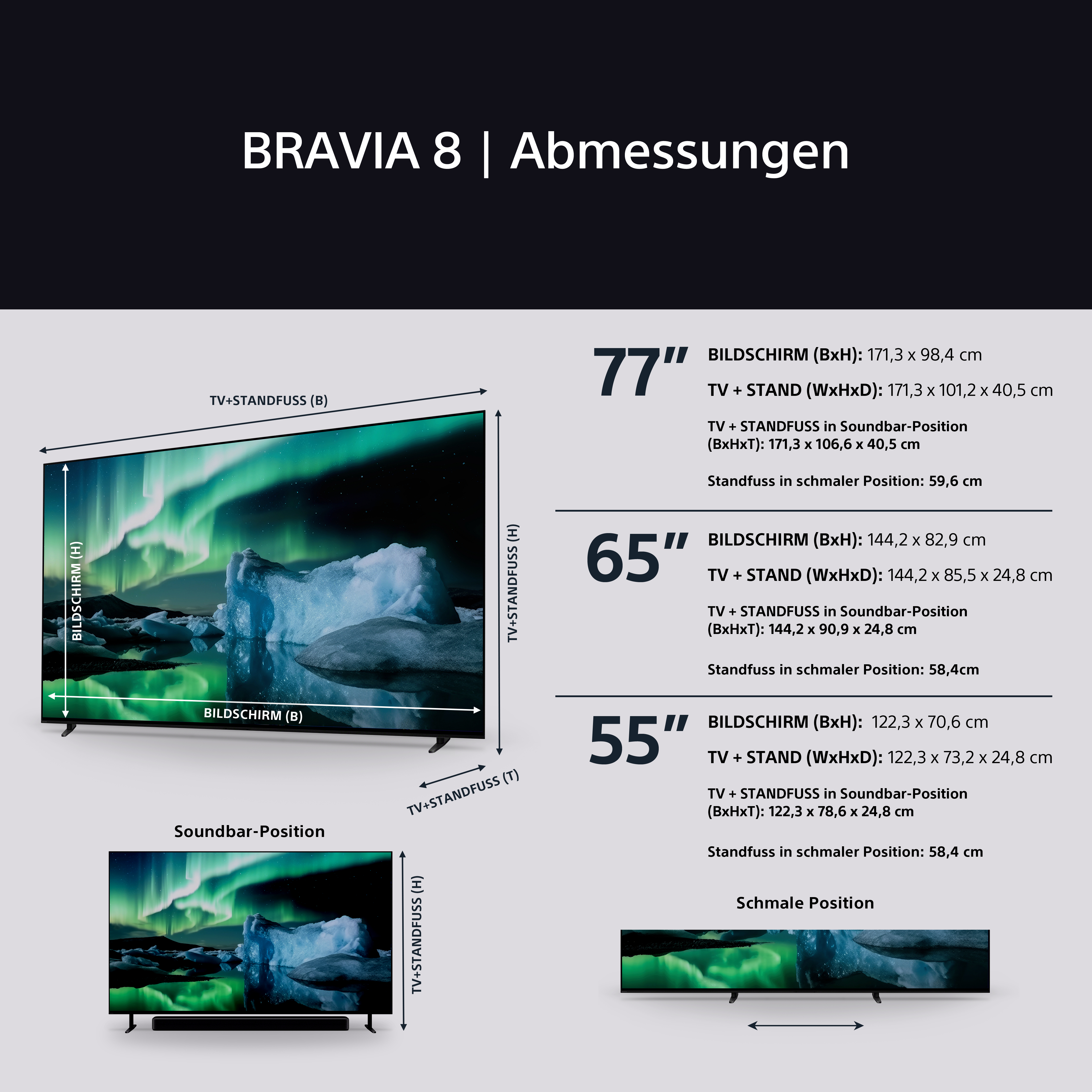 Das Bild zeigt einen Fernseher mit Abmessungen. Größen für 77-, 65- und 55-Zoll-Modelle sind mit Details gelistet.