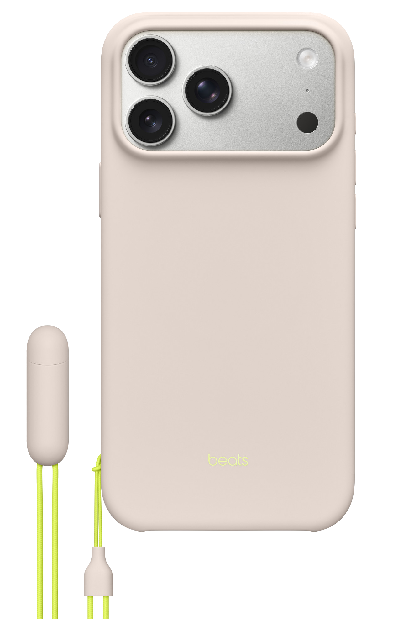 Jasnoróżowe etui na telefon z logo Beats. Posiada trzy obiektywy aparatu, lampę błyskową i bladoróżowy kabel.